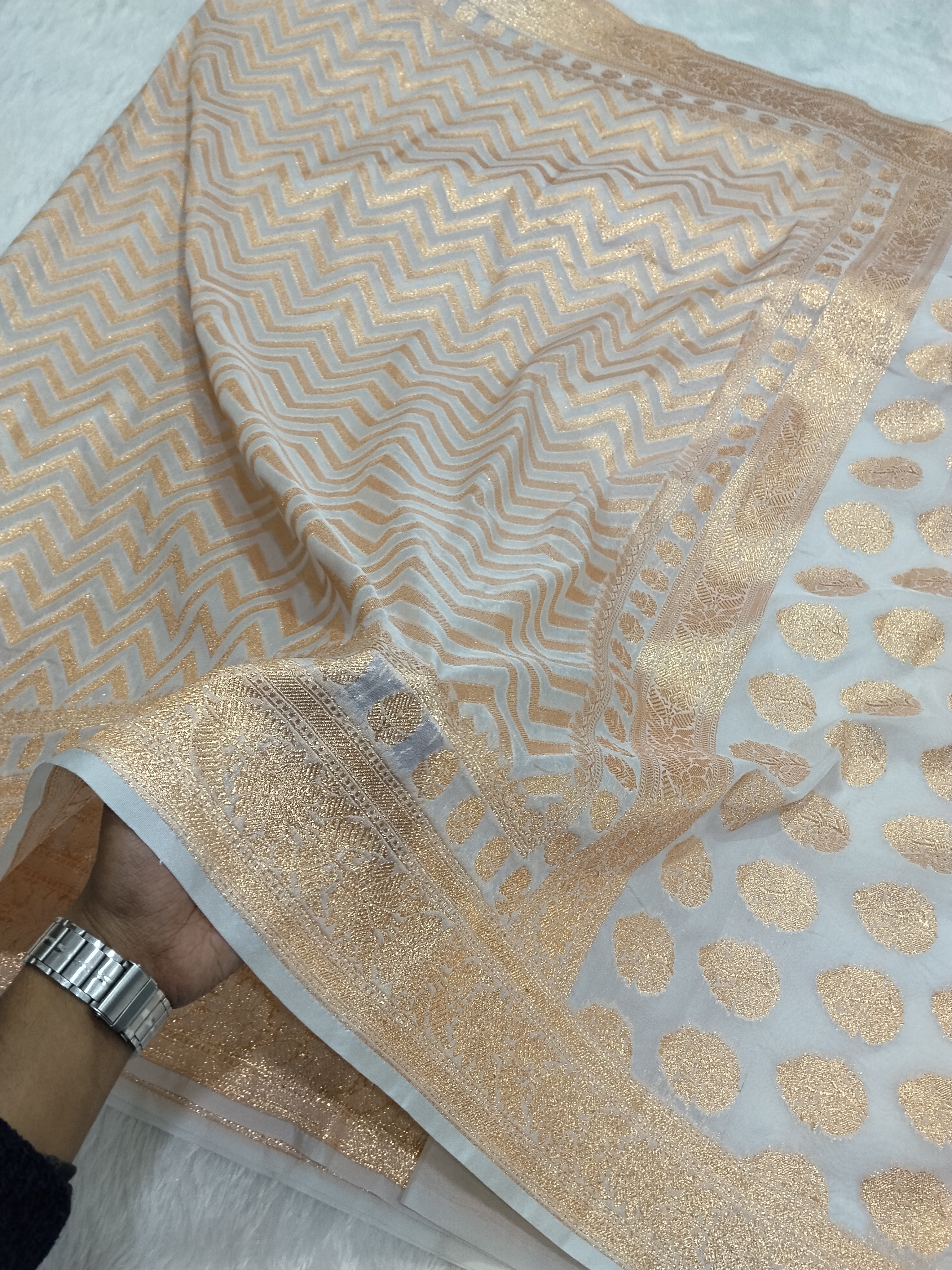 Cream Colour Golden Zari Khaddi Georgette Saree