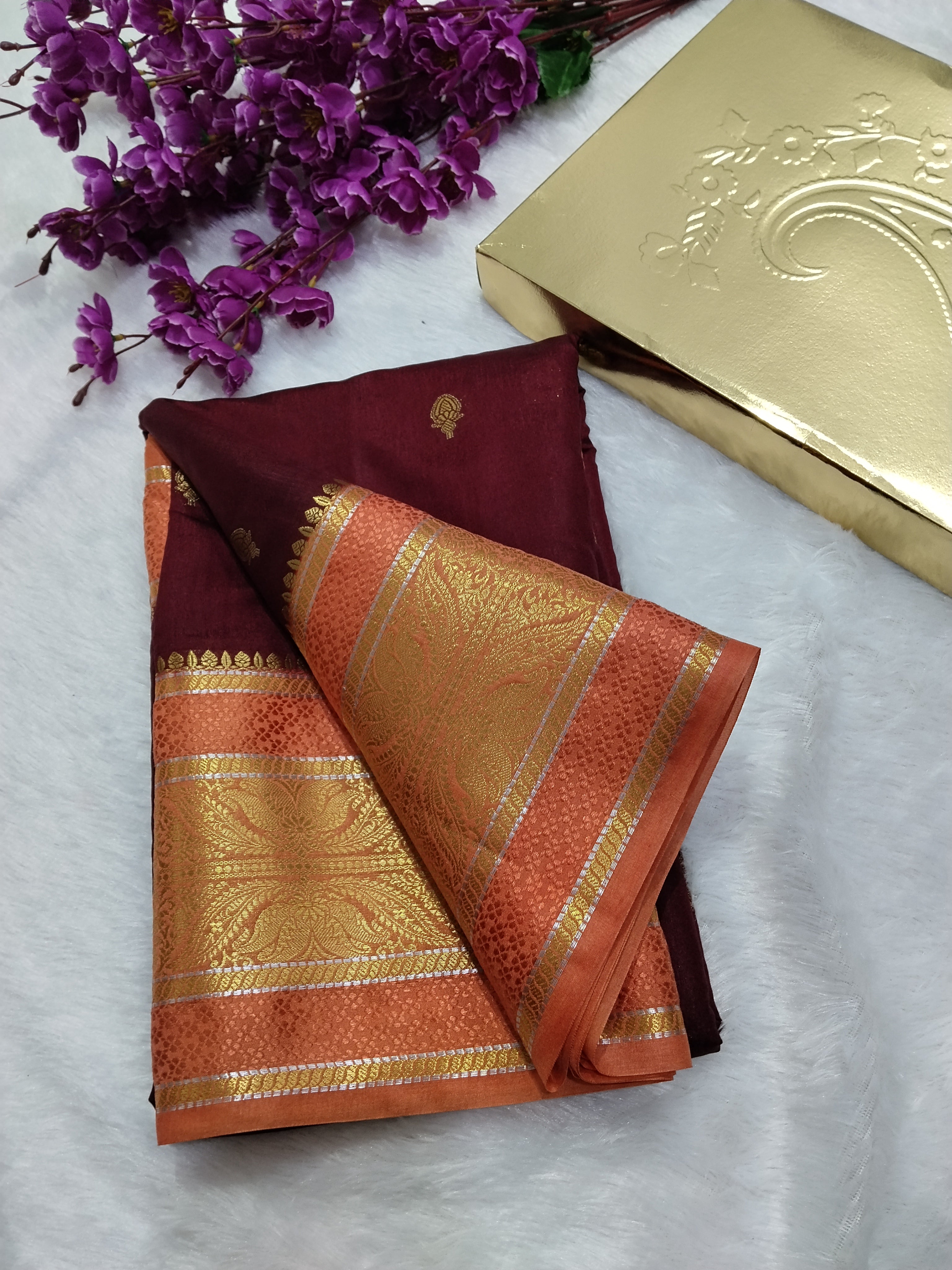 Maroon And Peach Colour Kanjivaram Border Moonga Silk Saree With Buti