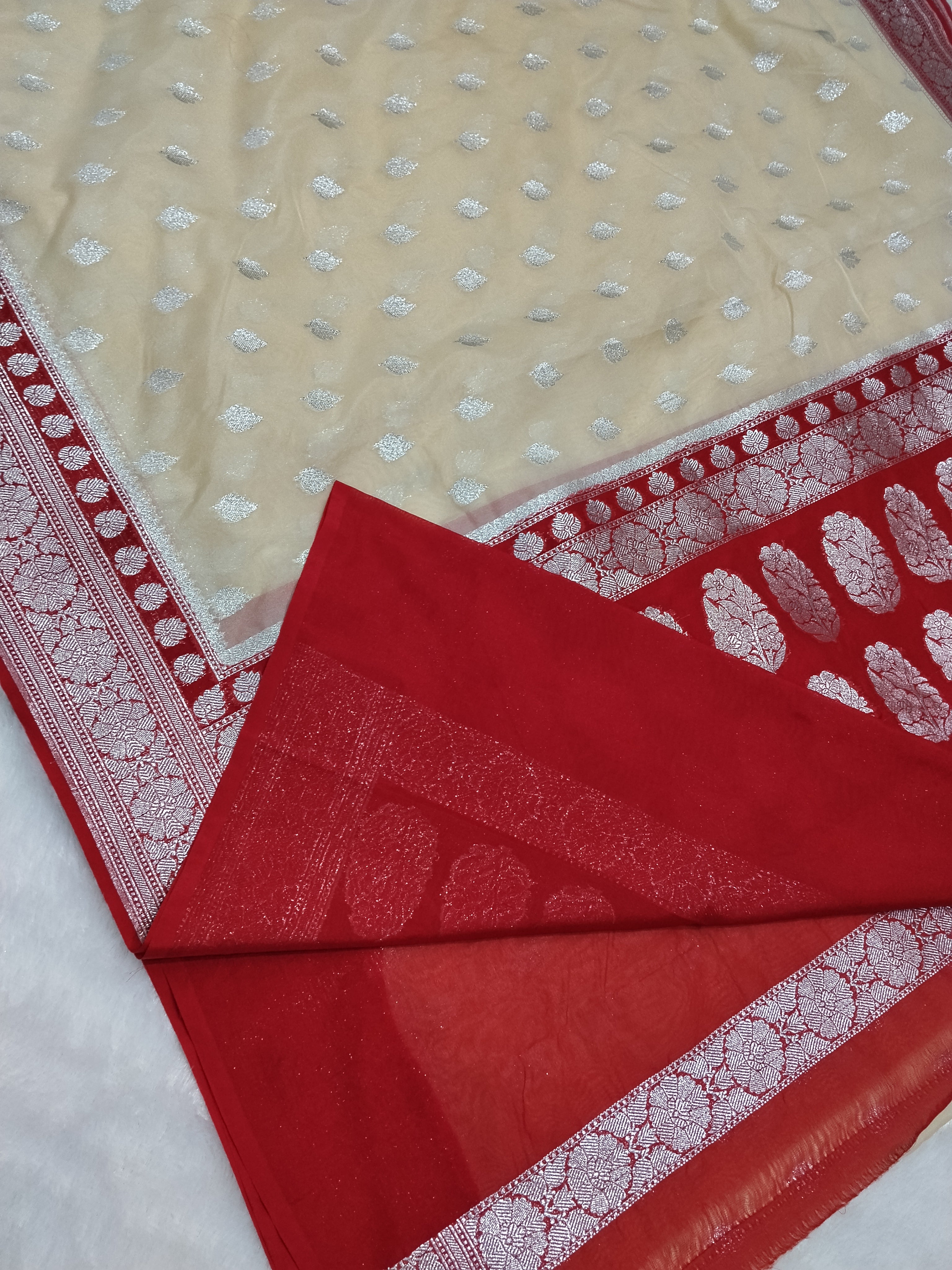 Beige And Red Colour Banarasi Khaddi Georgette Saree
