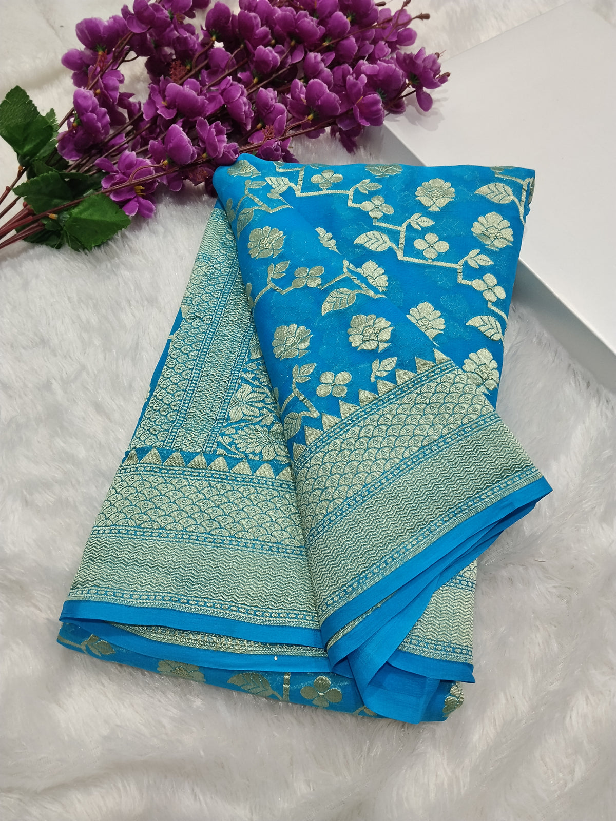 Sky Blue Colour Handloom Pure Banarasi Khaddi Georgette Saree Water Zari