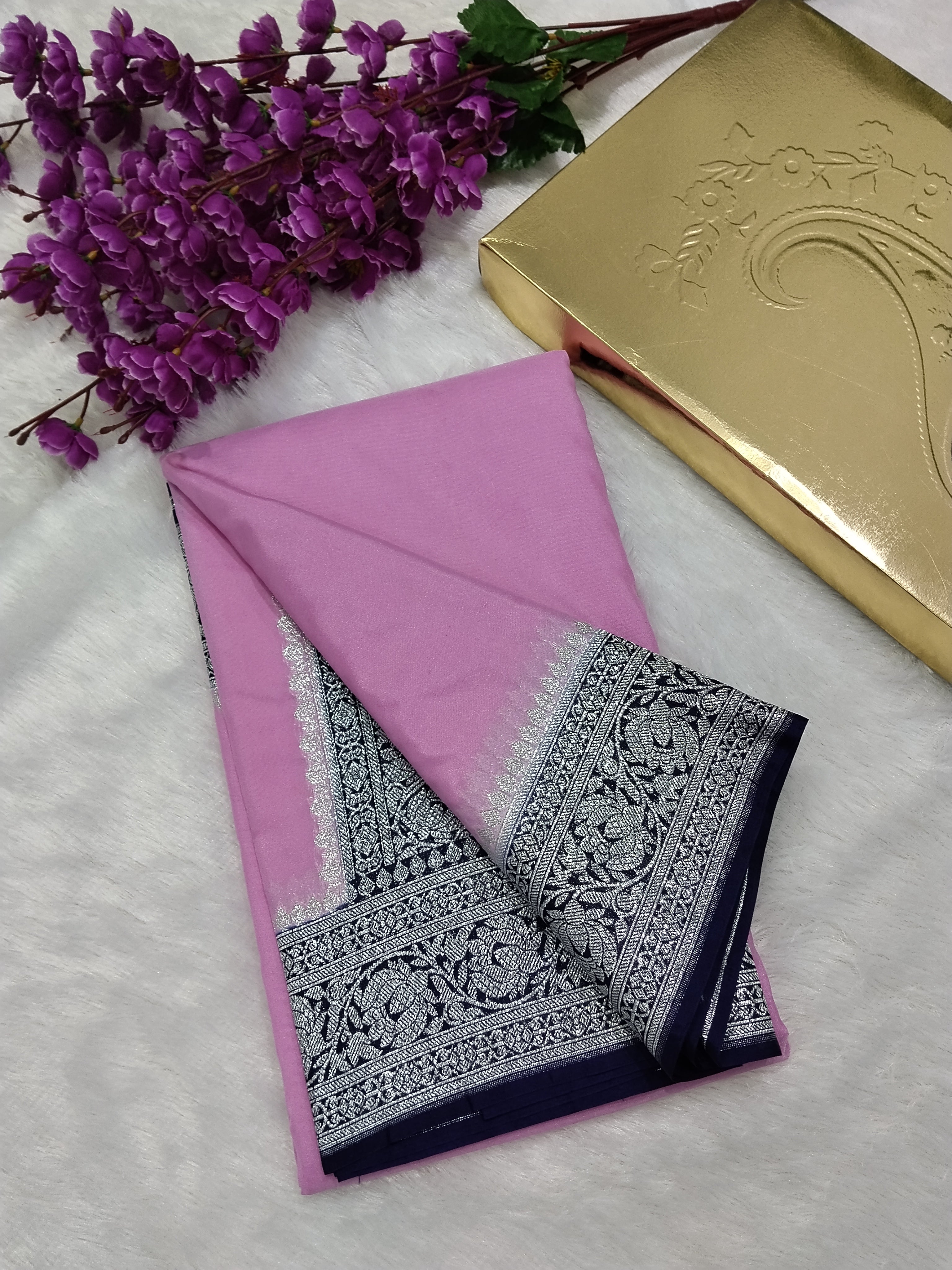 Baby Pink And Navy Blue Colour Zari Plain Body Khaddi Georgette Saree