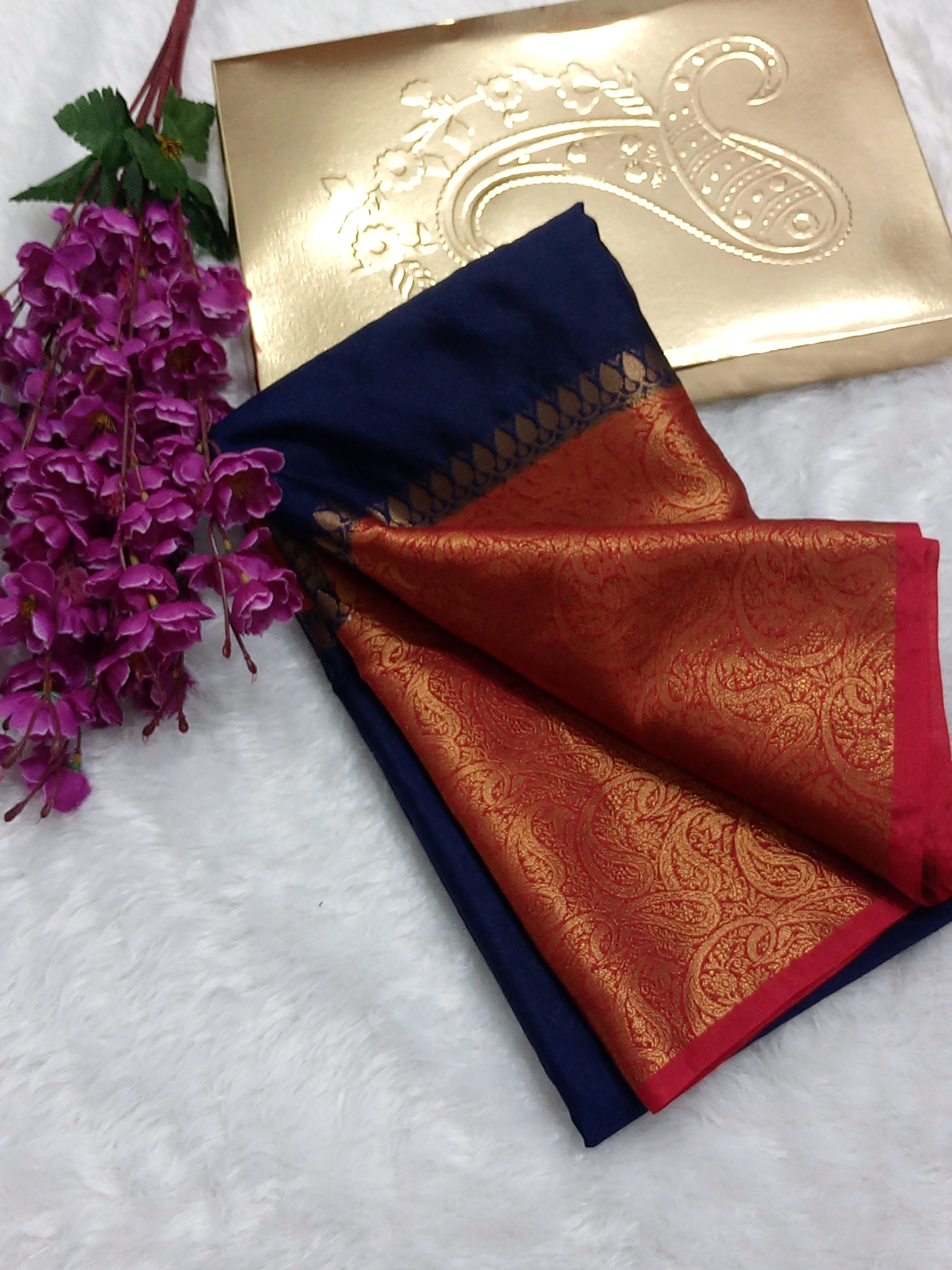 Navy Blue And Red Colour Plain Body Warm Silk Saree