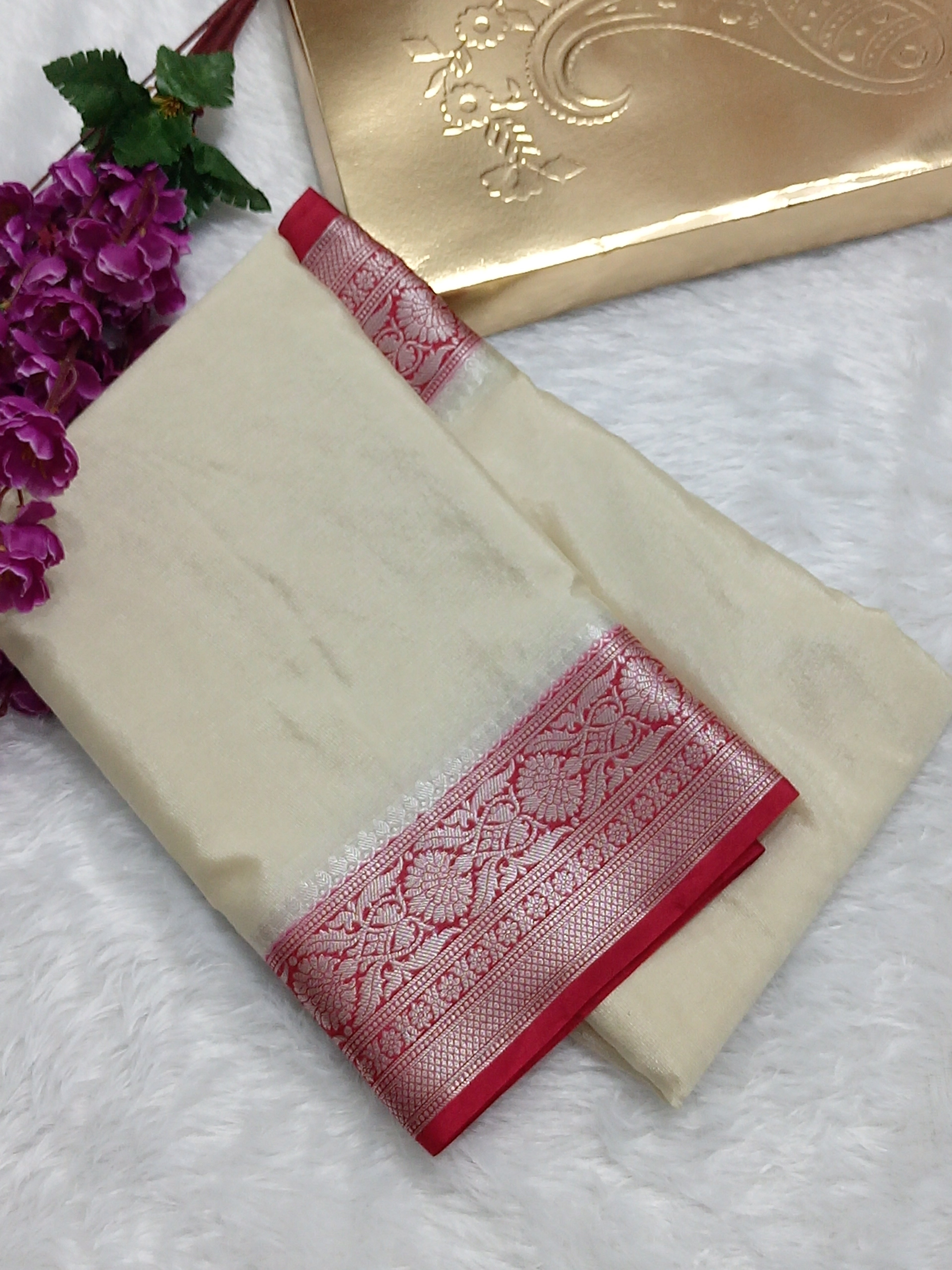 Cream And Red Colour Plain Body Warm Silk Saree