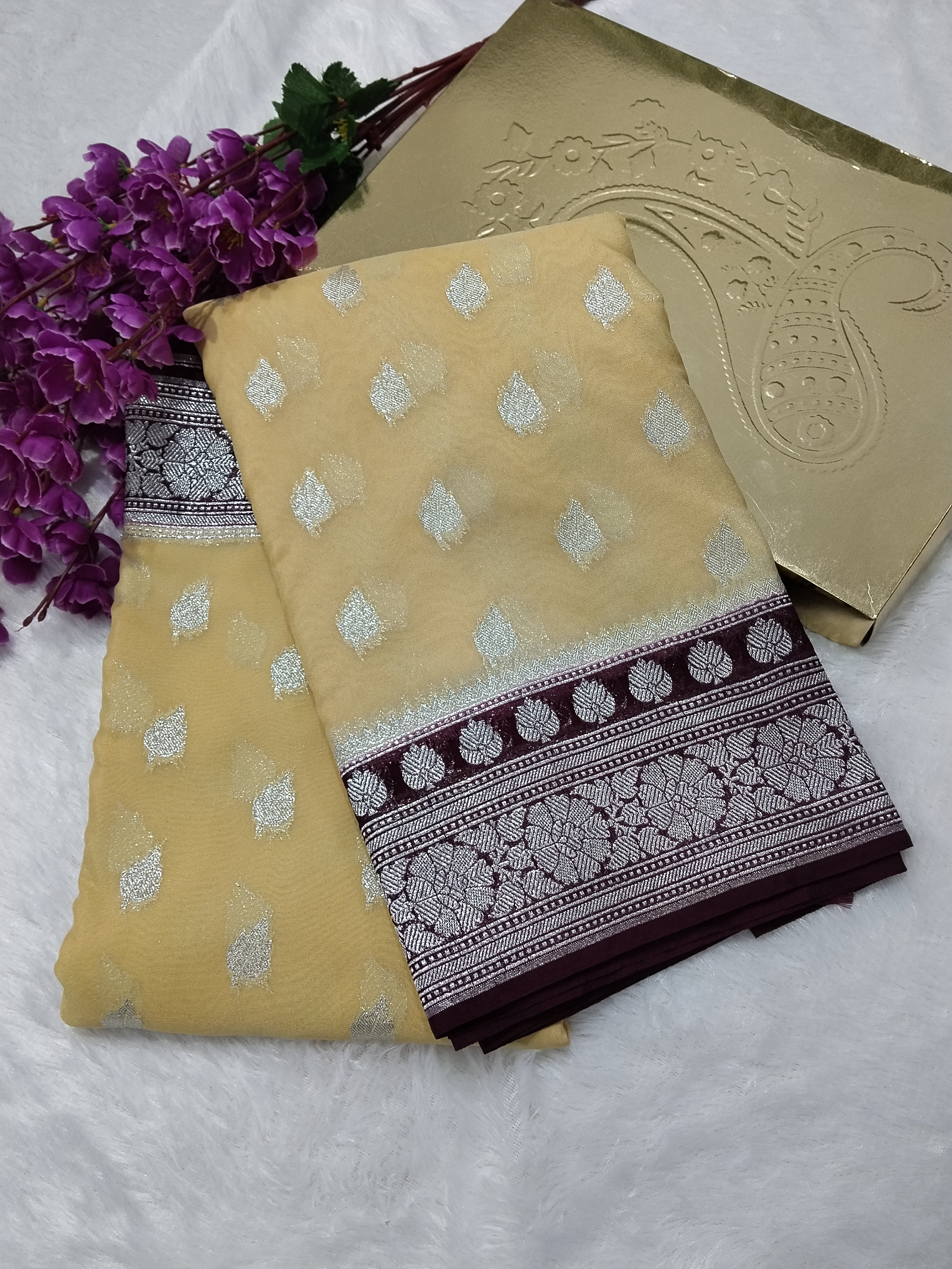 Light Lemon And Dark Brown Colour Banarasi Khaddi Georgette Saree