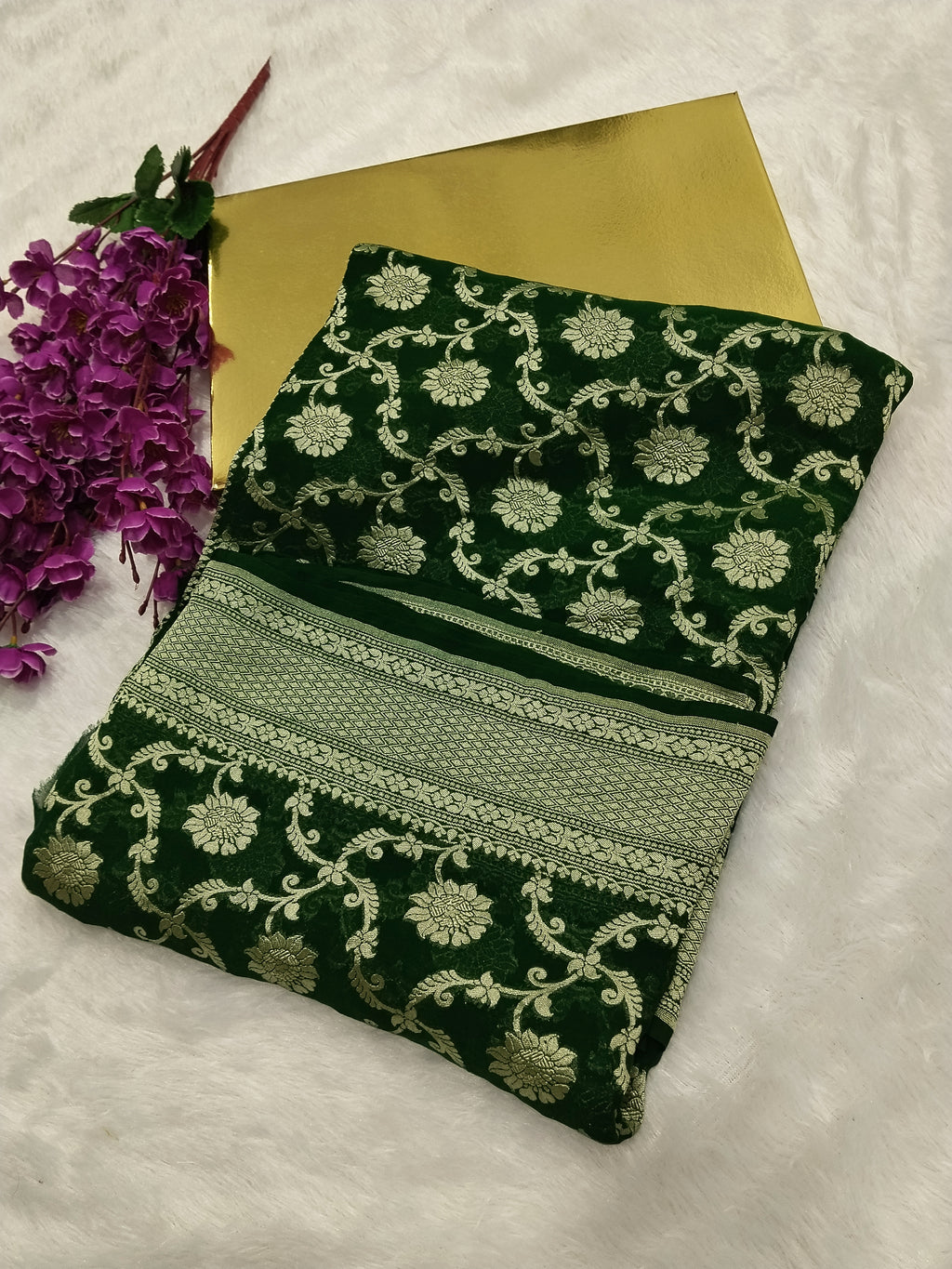 Bottle Green Colour Handloom Pure Banarasi Khaddi Georgette Saree Water Zari