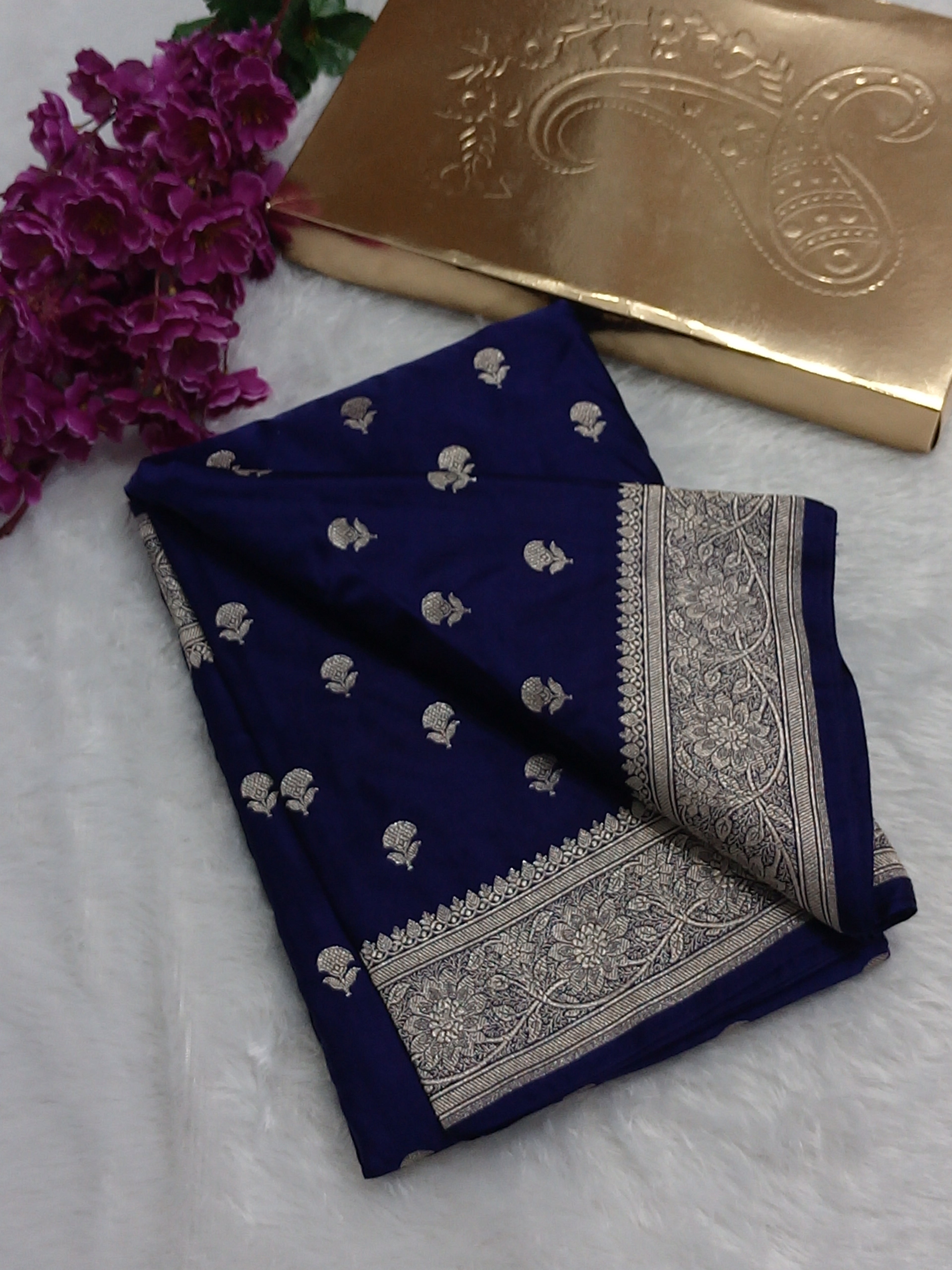 Navy Blue Color Banarasi Mashru Silk Saree