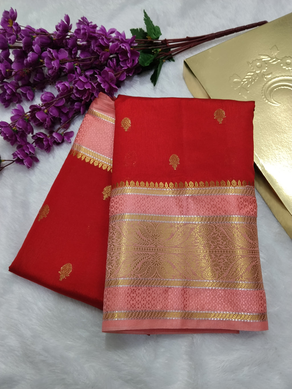 Red And Light Peach Colour Kanjivaram Border Moonga Silk Saree With Buti