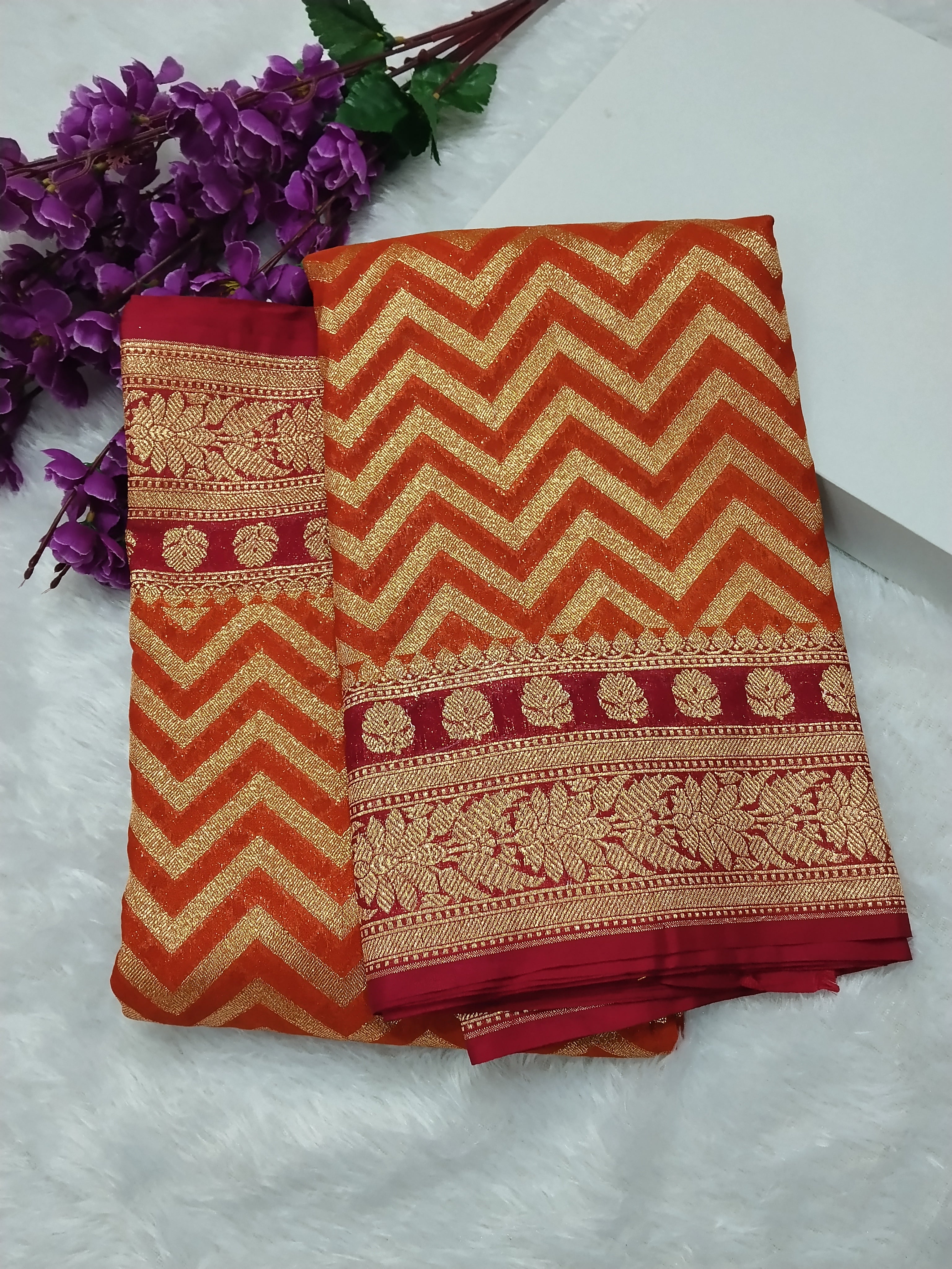 Orange And Dark Pink Colour Banarasi Khaddi Georgette Saree