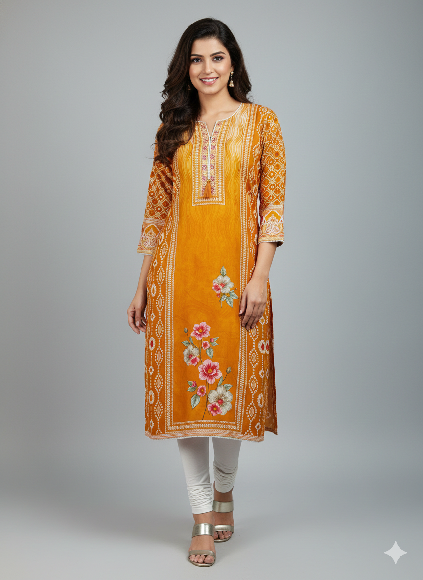 Mustard Yellow Fancy Designer Printed Rayon Kurti By Mks Creations