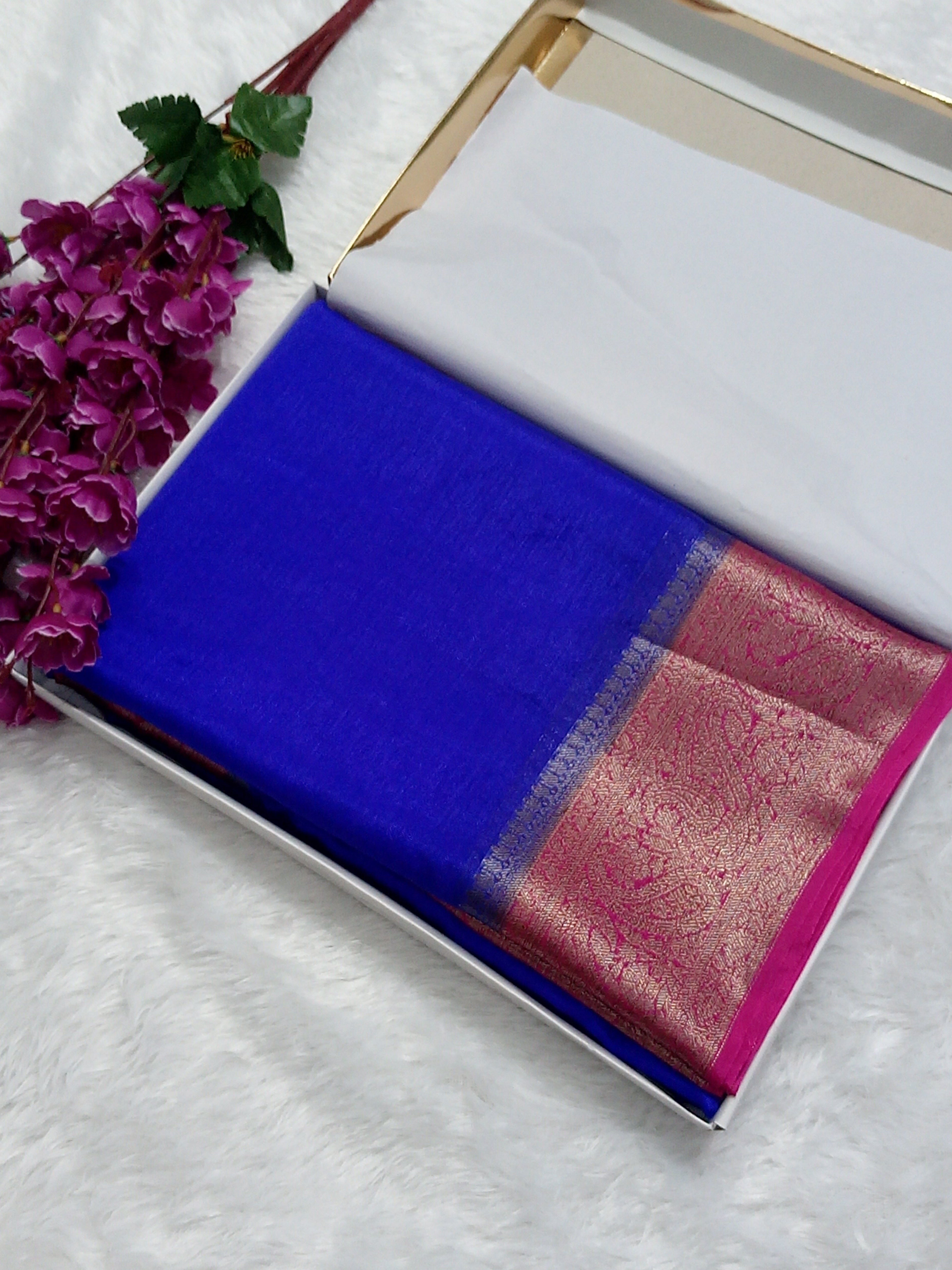 Royal Blue And Red Colour Plain Body Warm Silk Saree