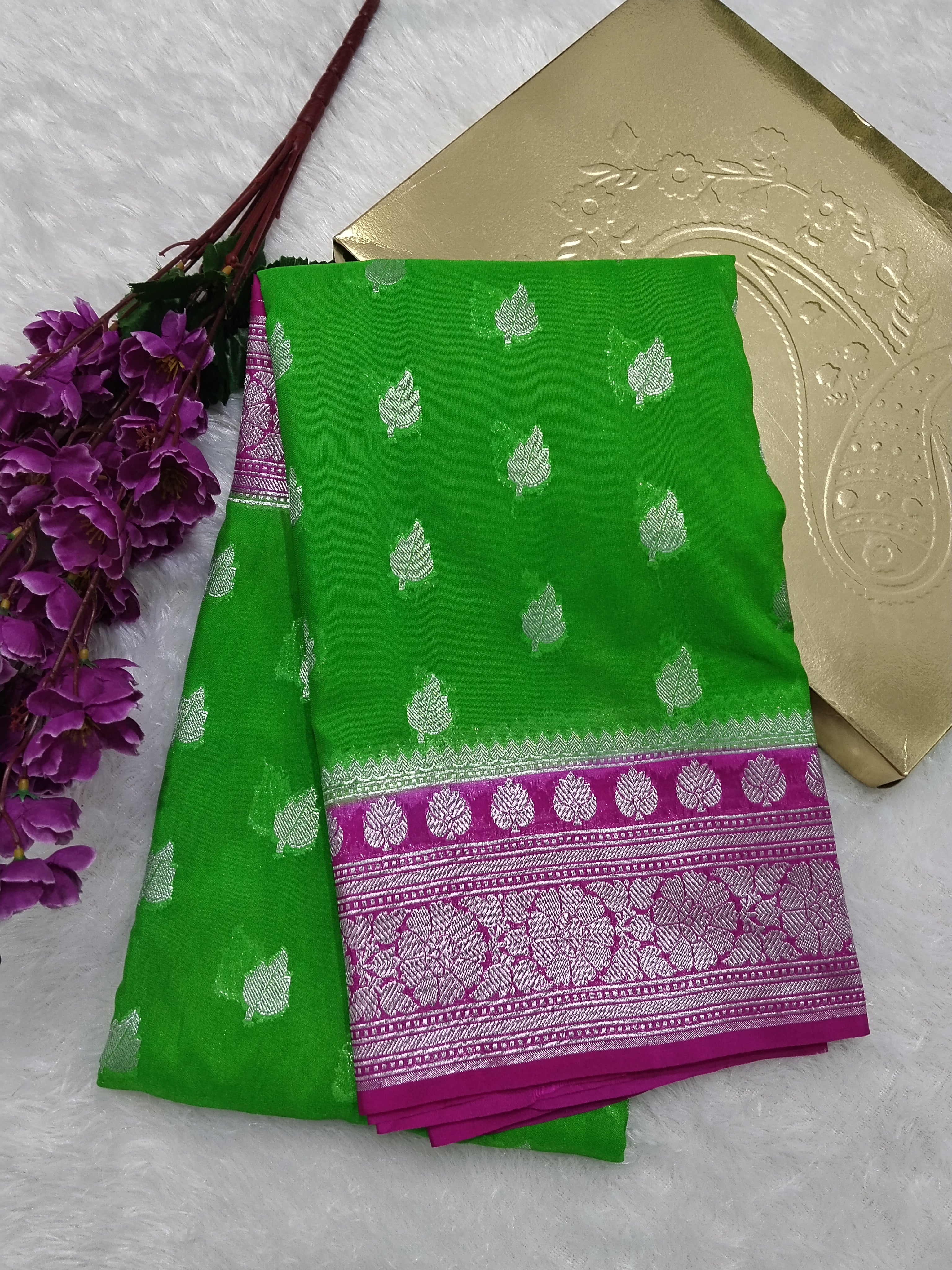 Parrot Green And Pink Colour Zari Buti Khaddi Georgette Saree