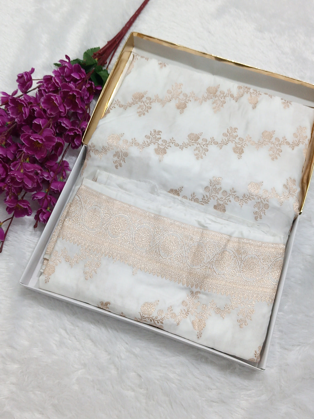 Pure White Banarasi Mashru Silk Saree