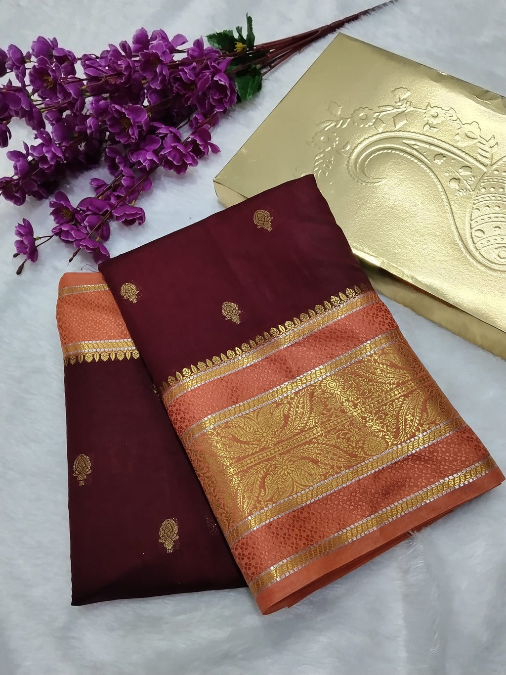 Maroon And Peach Colour Kanjivaram Border Moonga Silk Saree With Buti