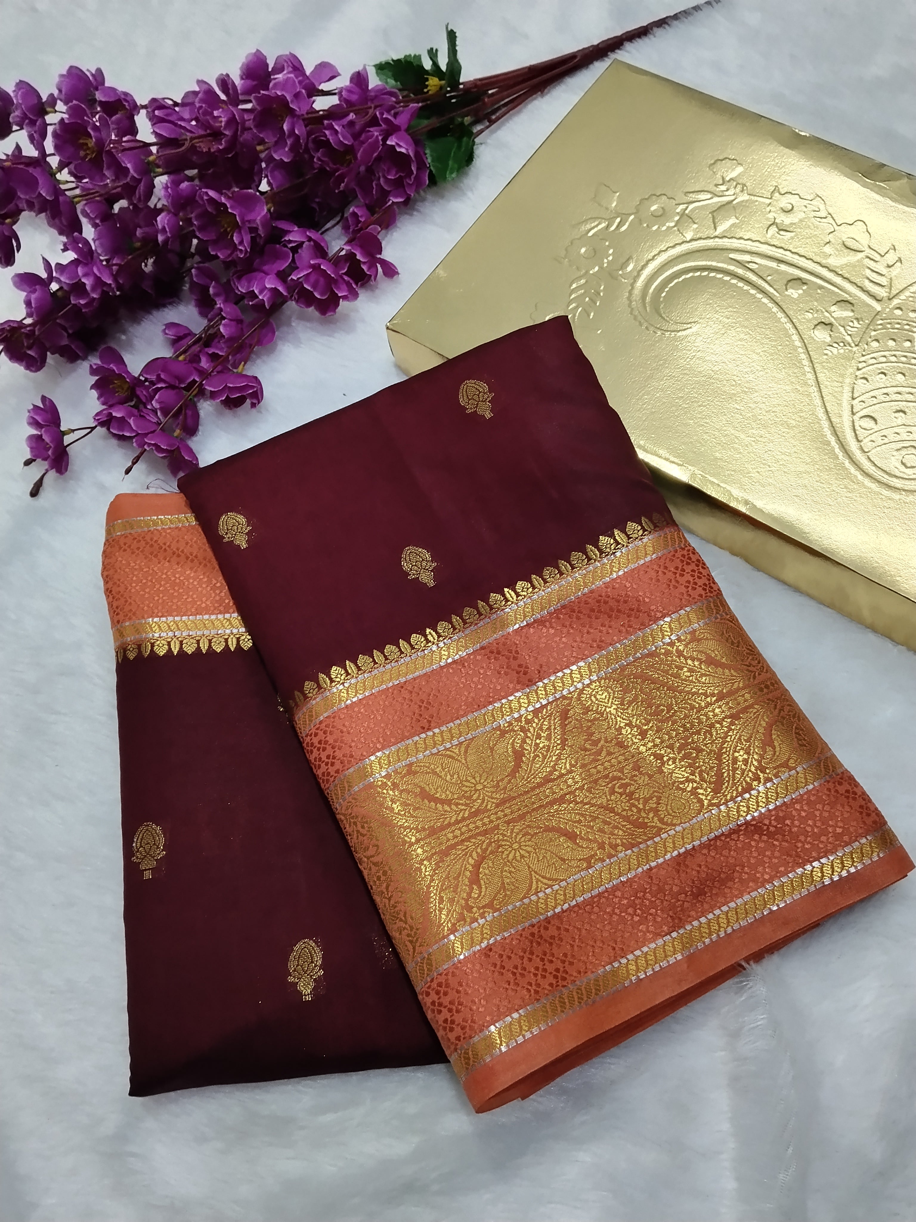 Maroon And Peach Colour Kanjivaram Border Moonga Silk Saree With Buti