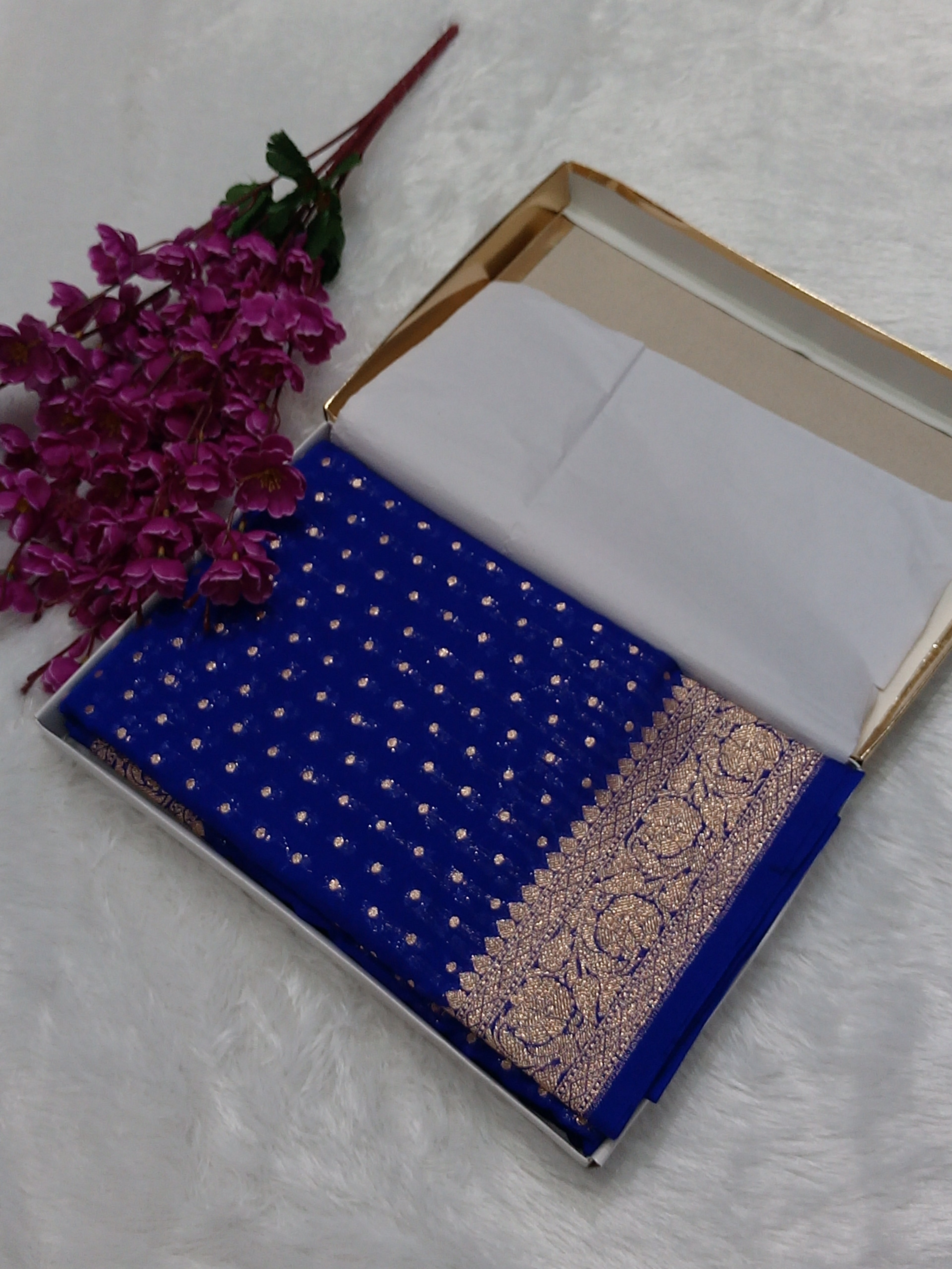 Royal Blue Colour Golden Zari Buti Khaddi Georgette Saree