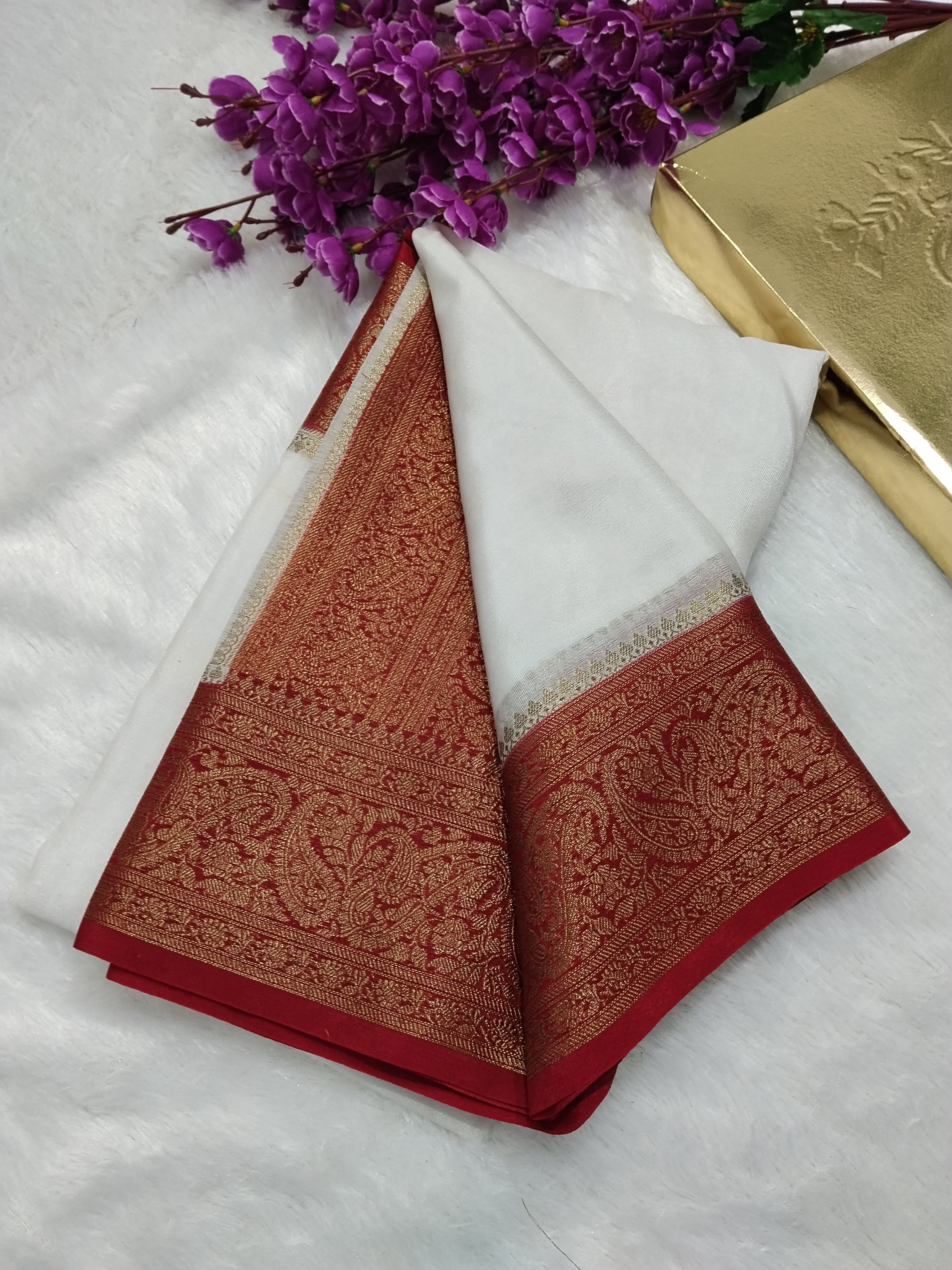 Maroon And White Pooja Special Banarasi Soft Silk Saree