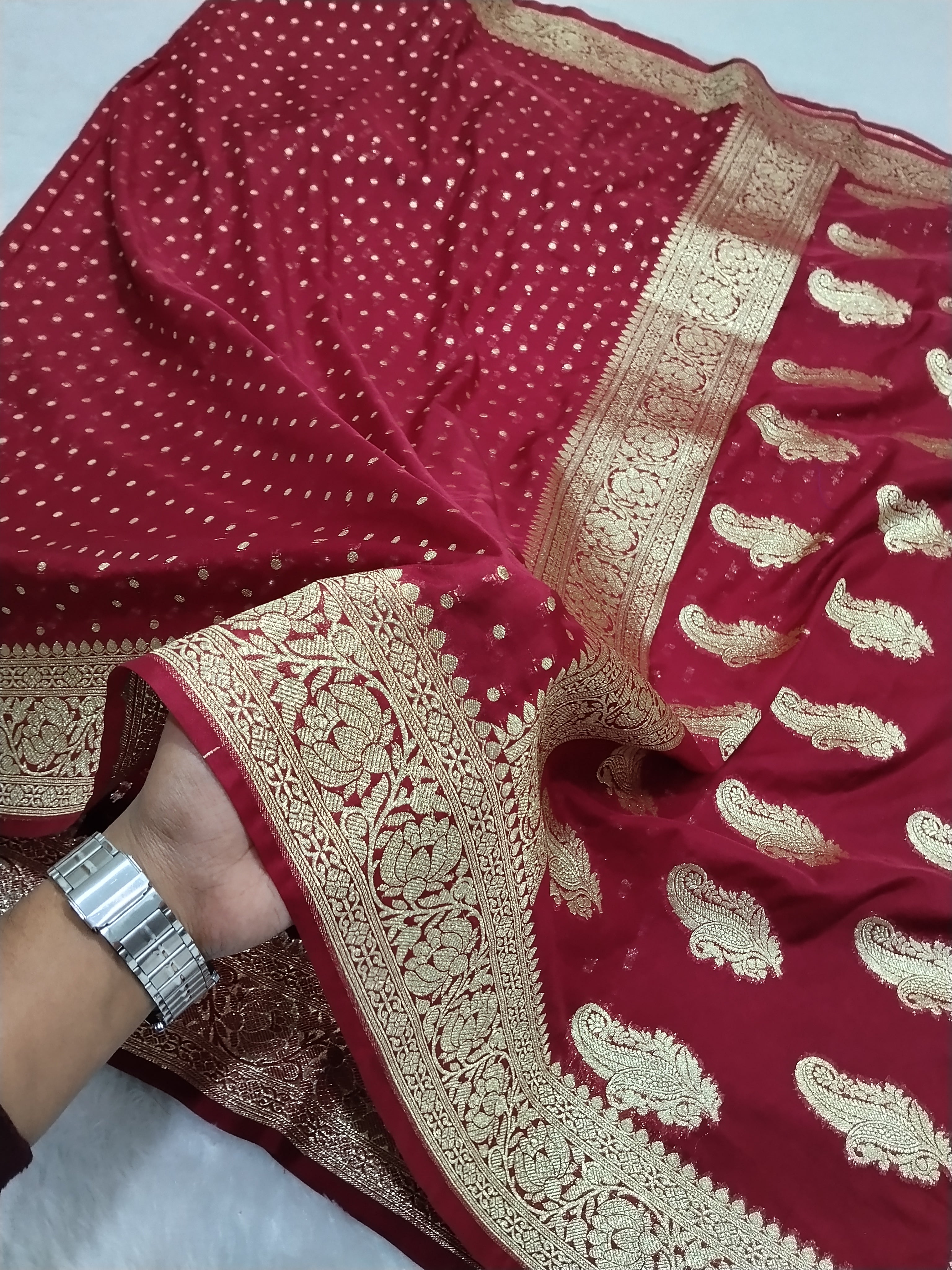 Maroon Gold Zari Khaddi Georgette Saree
