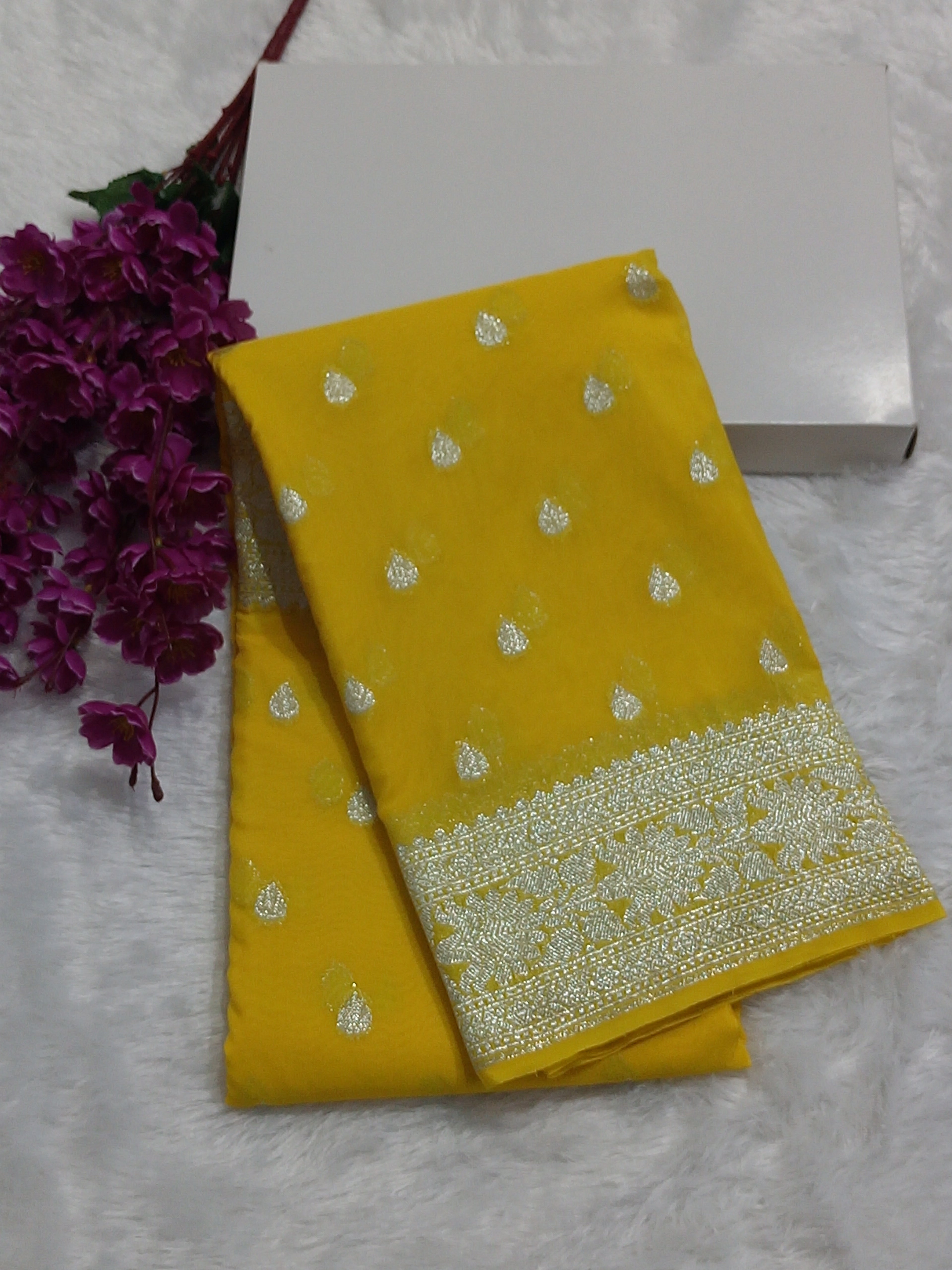 Yellow Colour Zari Buti Khaddi Georgette Saree