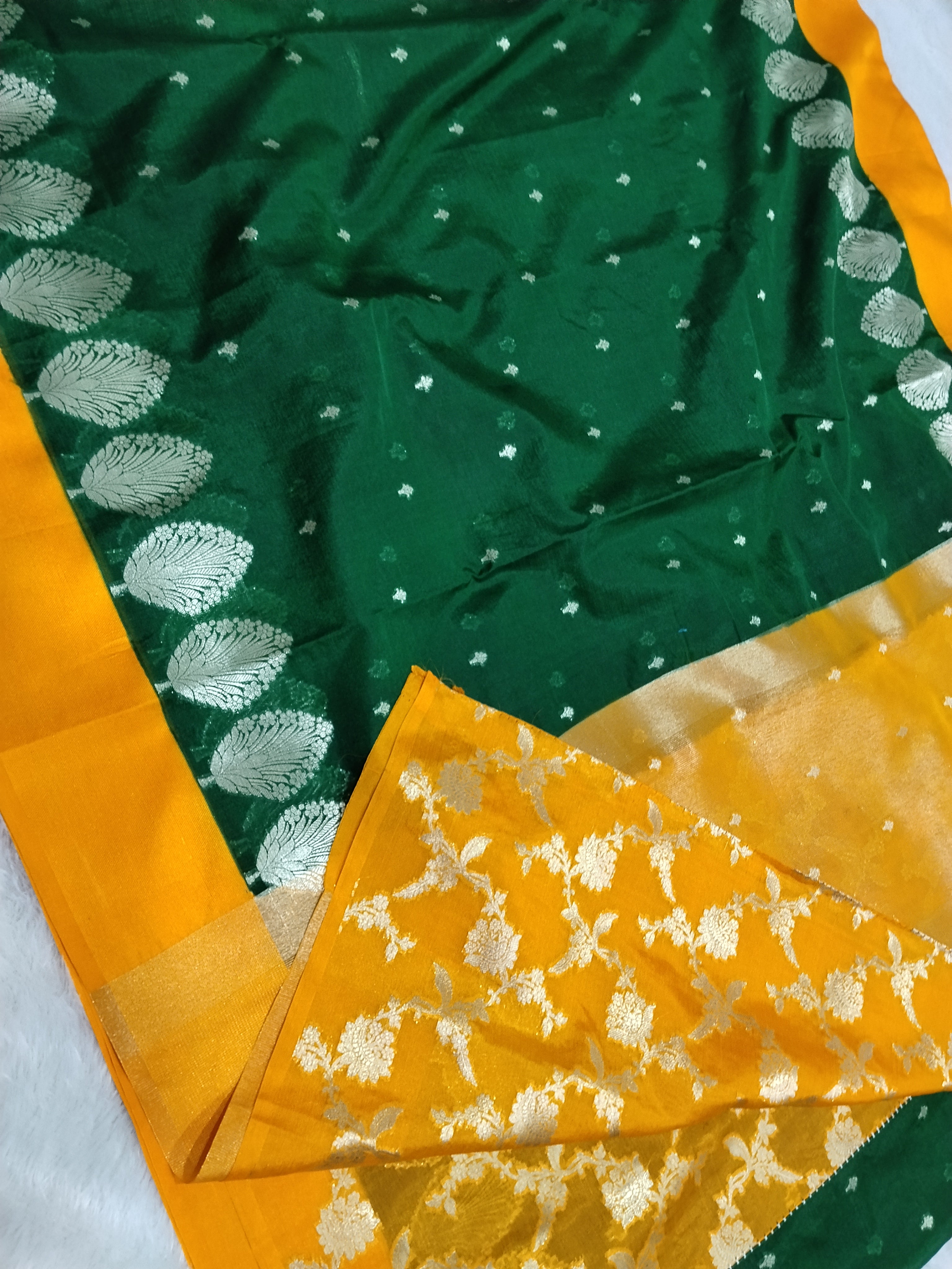Bottle Green Colour And Yellow Party Wear Soft Warm Silk Saree