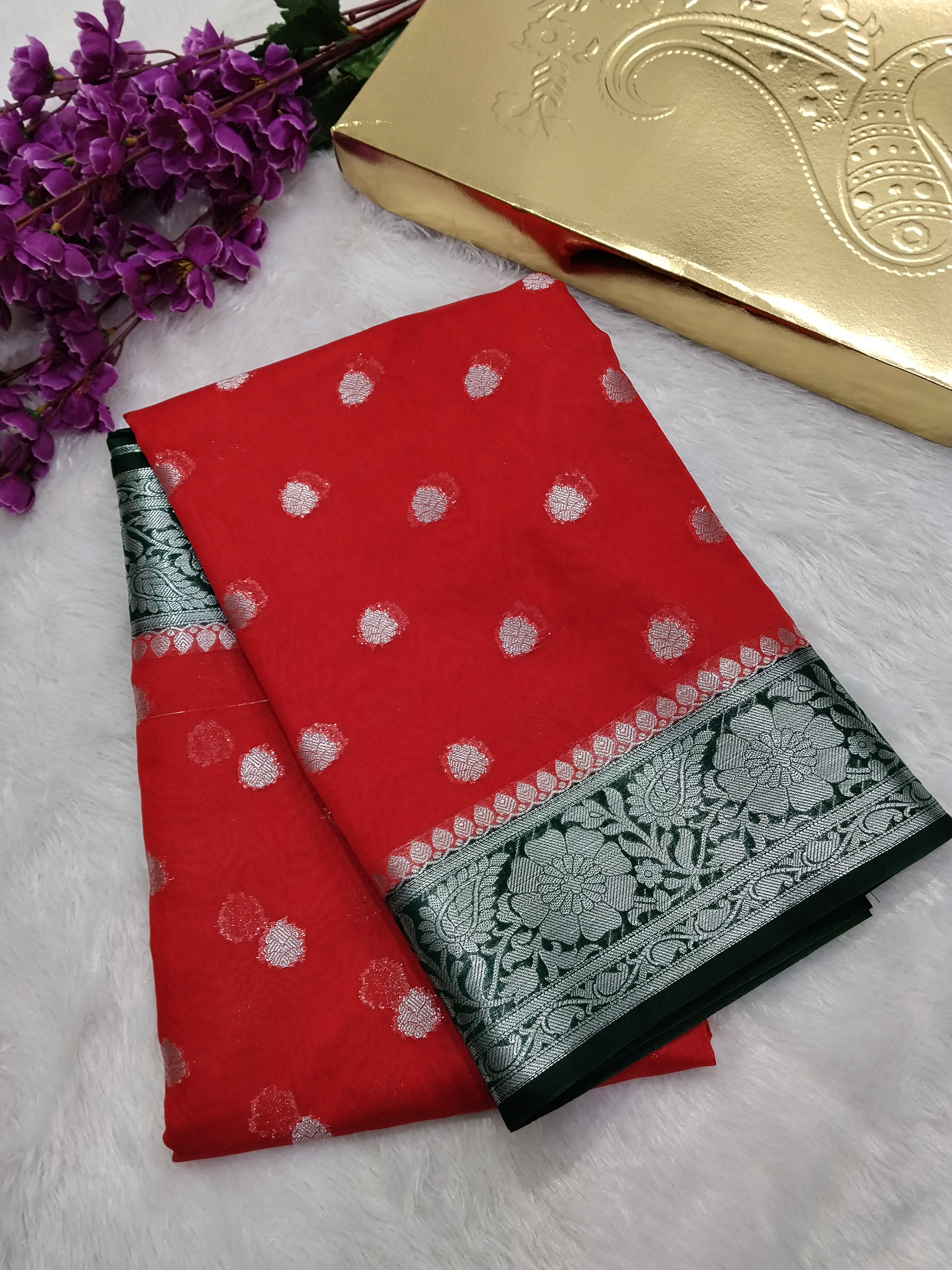 Bottle Green And Red Colour Silver Zari Khaddi Georgette Saree