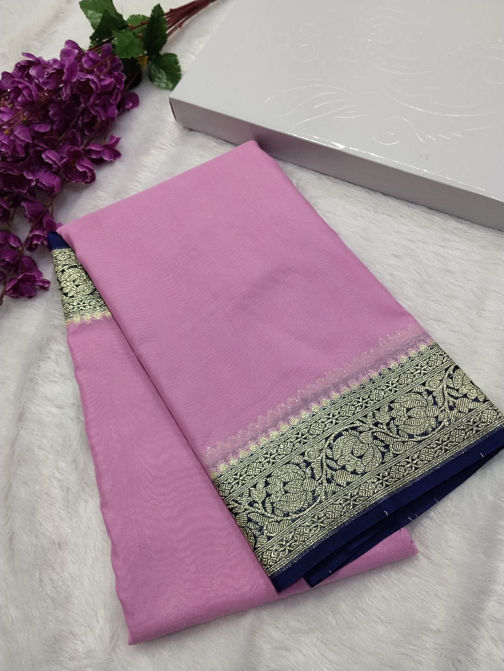 Baby Pink And Navy Blue Colour Banarasi Khaddi Georgette Saree