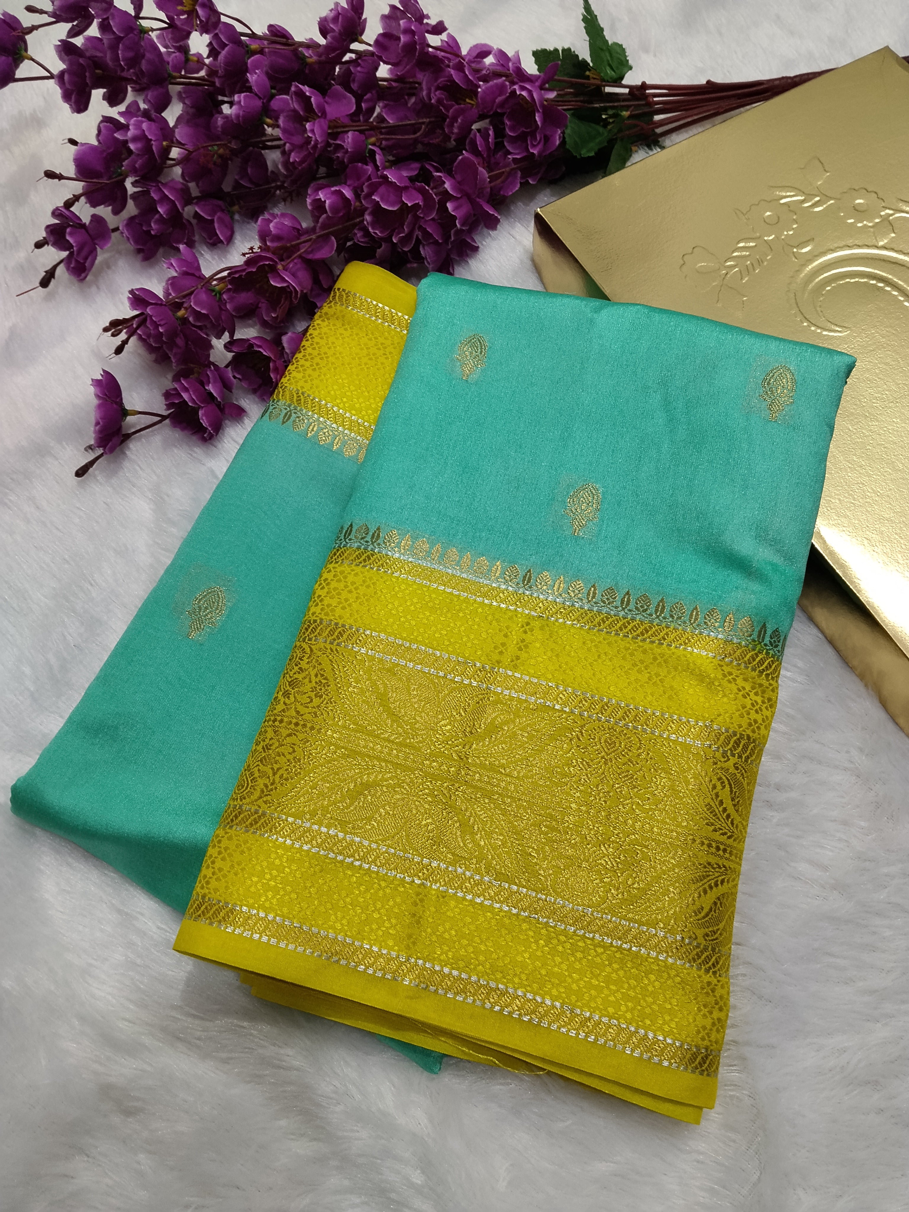 Sea Green And Lemon Colour Kanjivaram Border Moonga Silk Saree With Buti