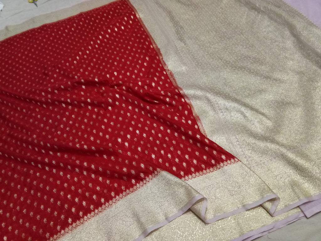 Red And Light Pink Zari Buti Georgette Saree