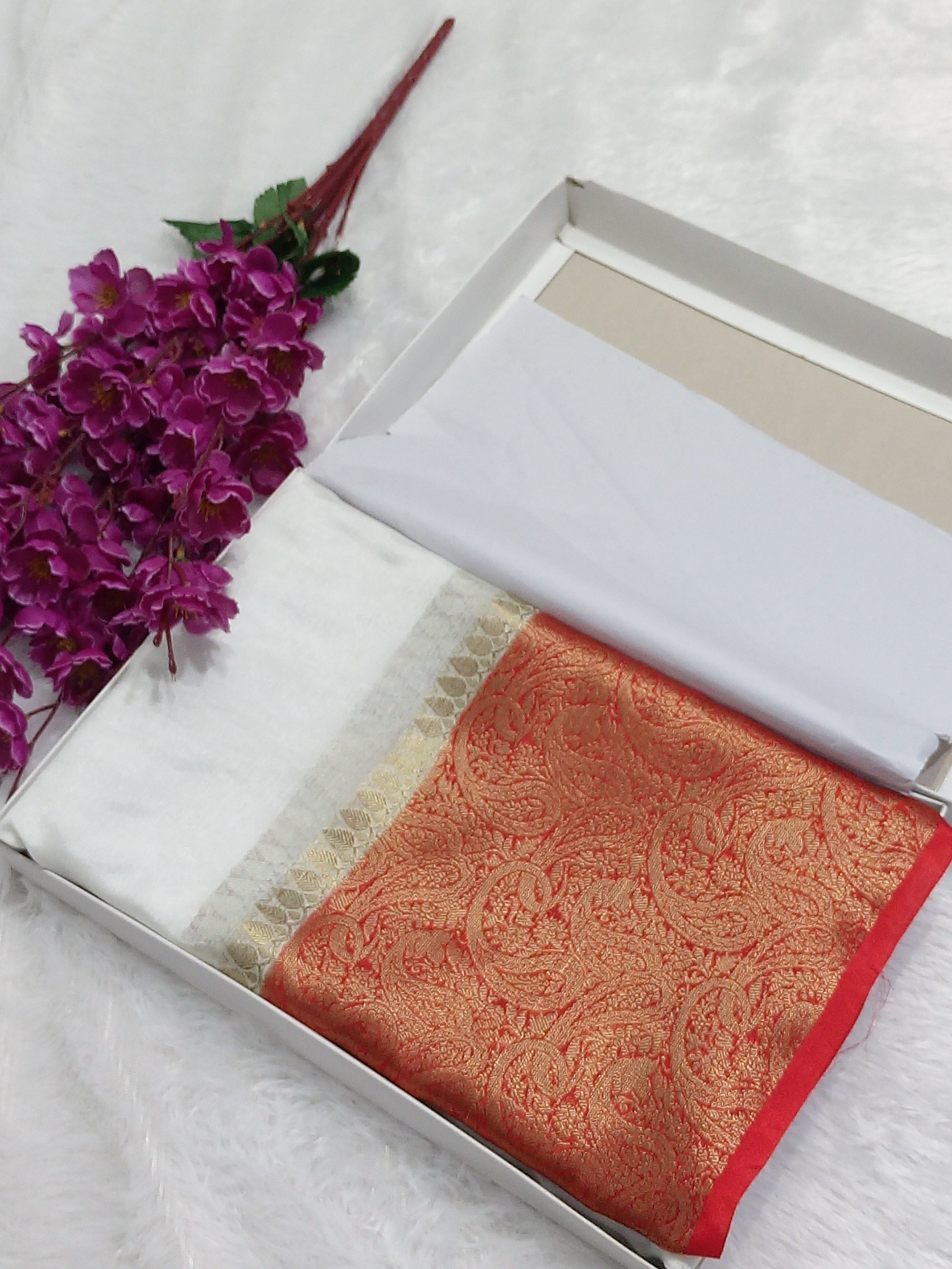 Red And White Banarasi Warm Silk Saree