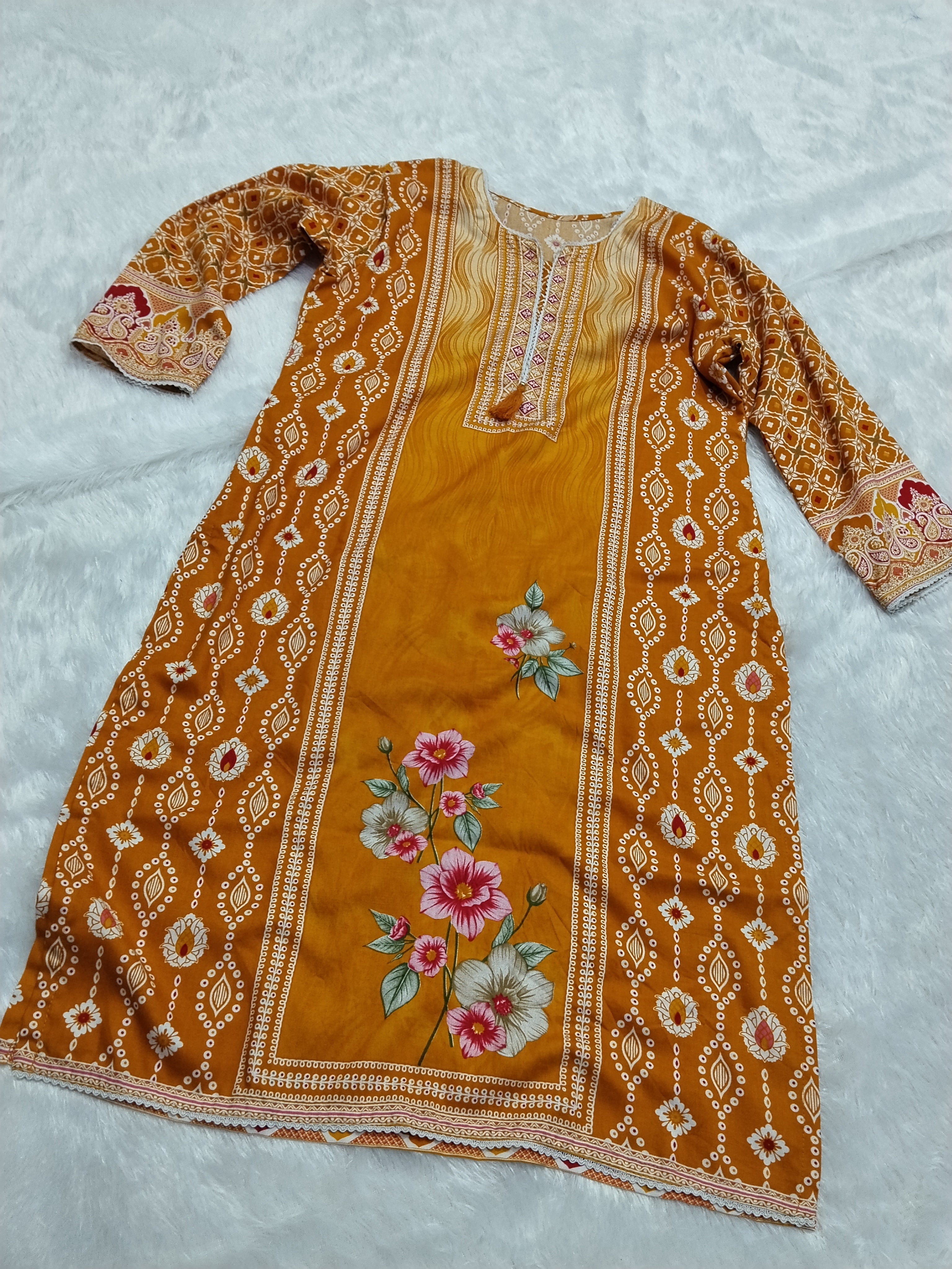 Mustard Yellow Fancy Designer Printed Rayon Kurti By Mks Creations