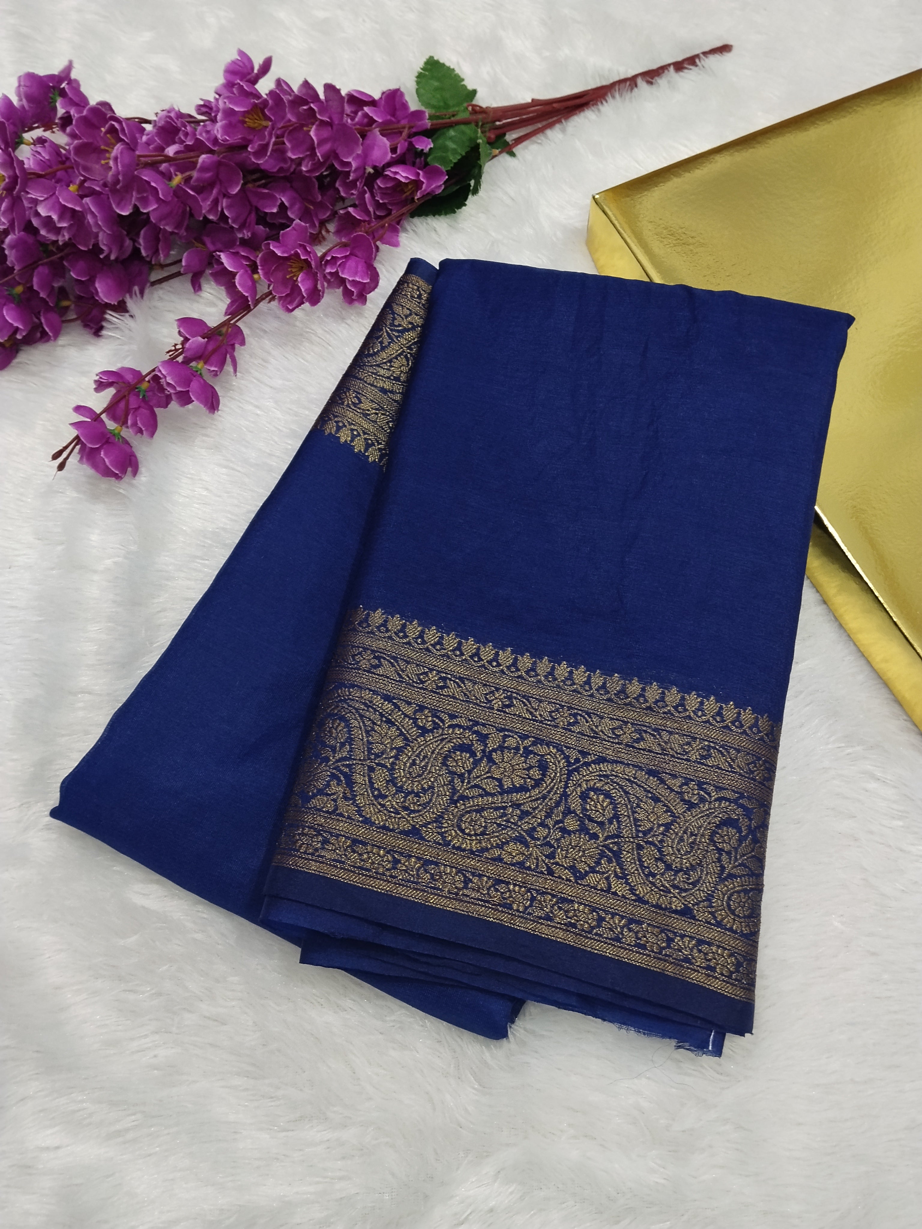 Navy Blue Colour Banarasi Warm Silk Soft Saree Antique Zari