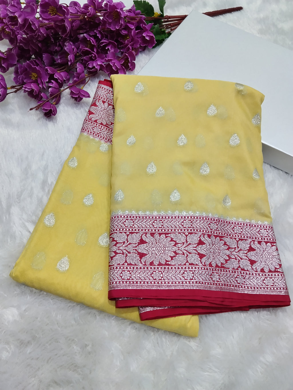 Lemon And Pink Colour Banarasi Khaddi Georgette Saree