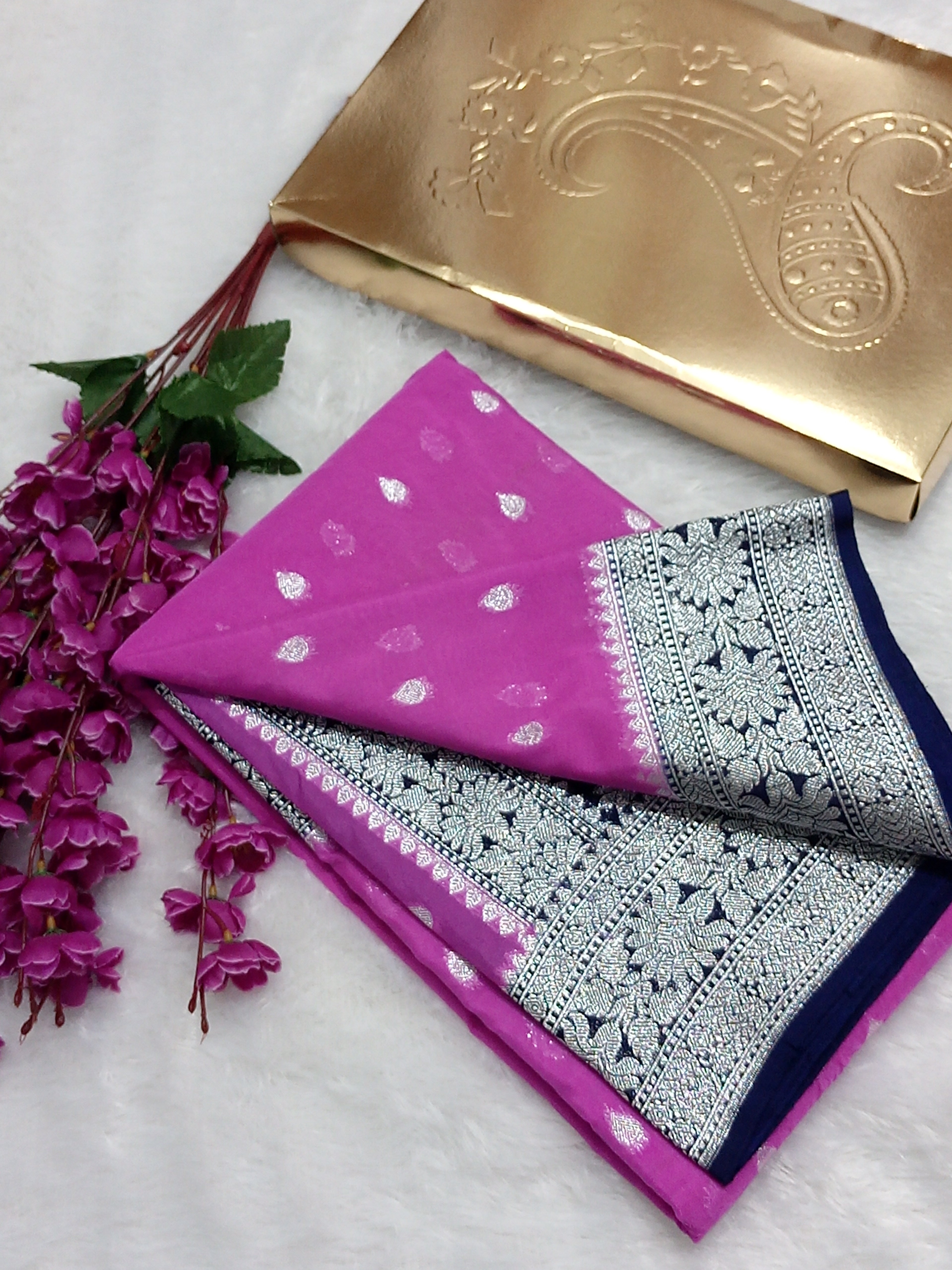 Pink And Navy Blue Semi Georgette Saree