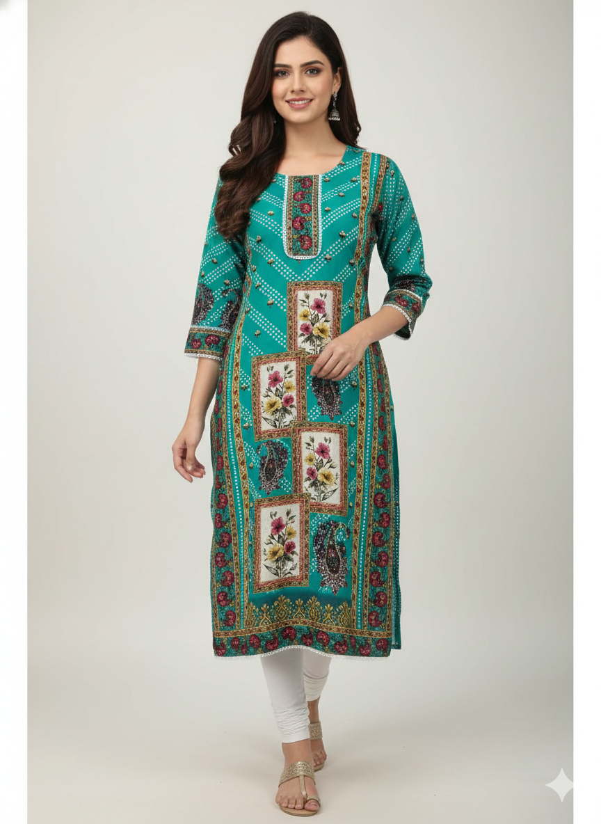 Teal Blue Fancy Designer Printed Rayon Kurti By Mks Creations