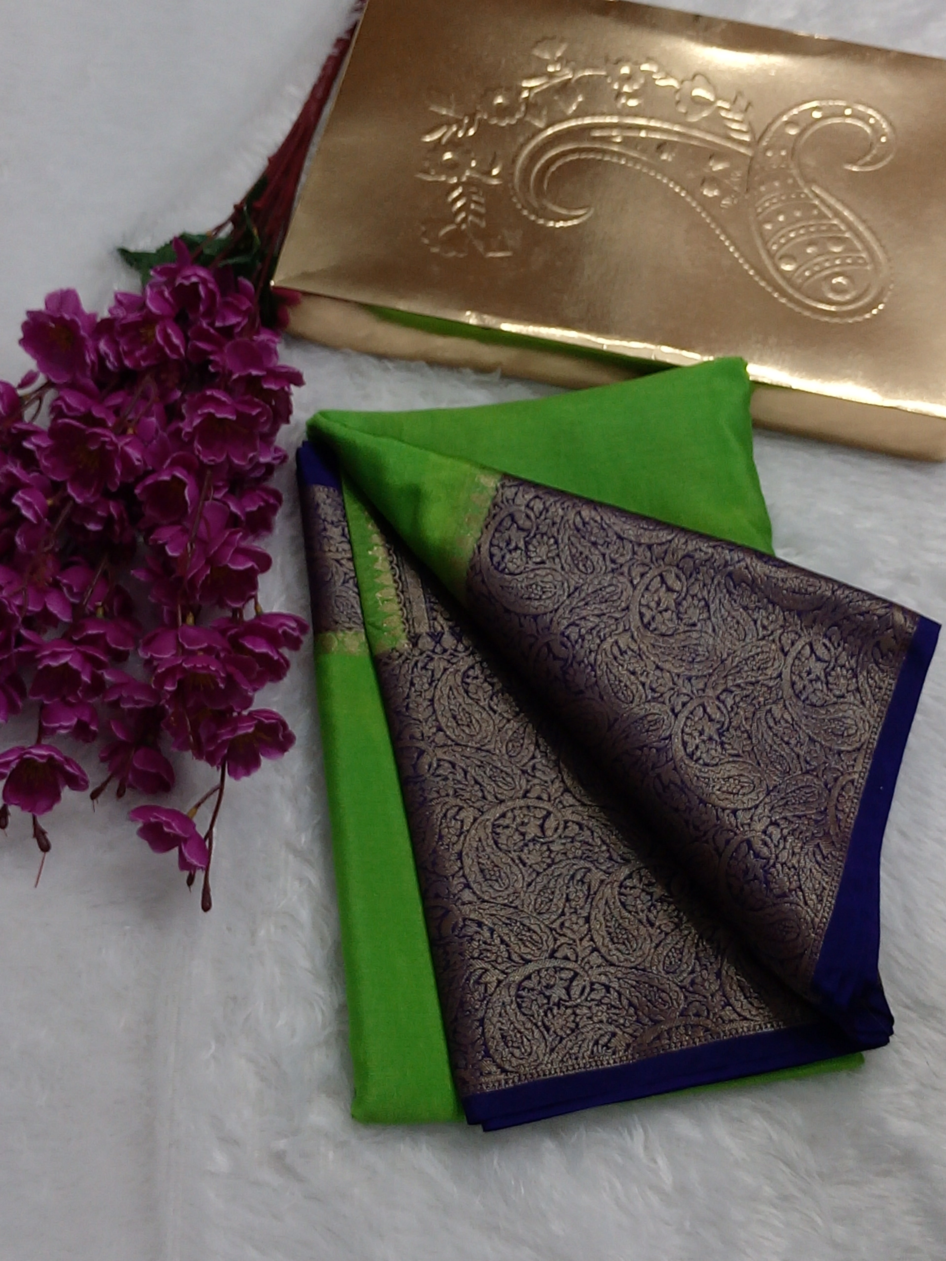 Parrot And Navy Colour Plain Body Warm Silk Saree