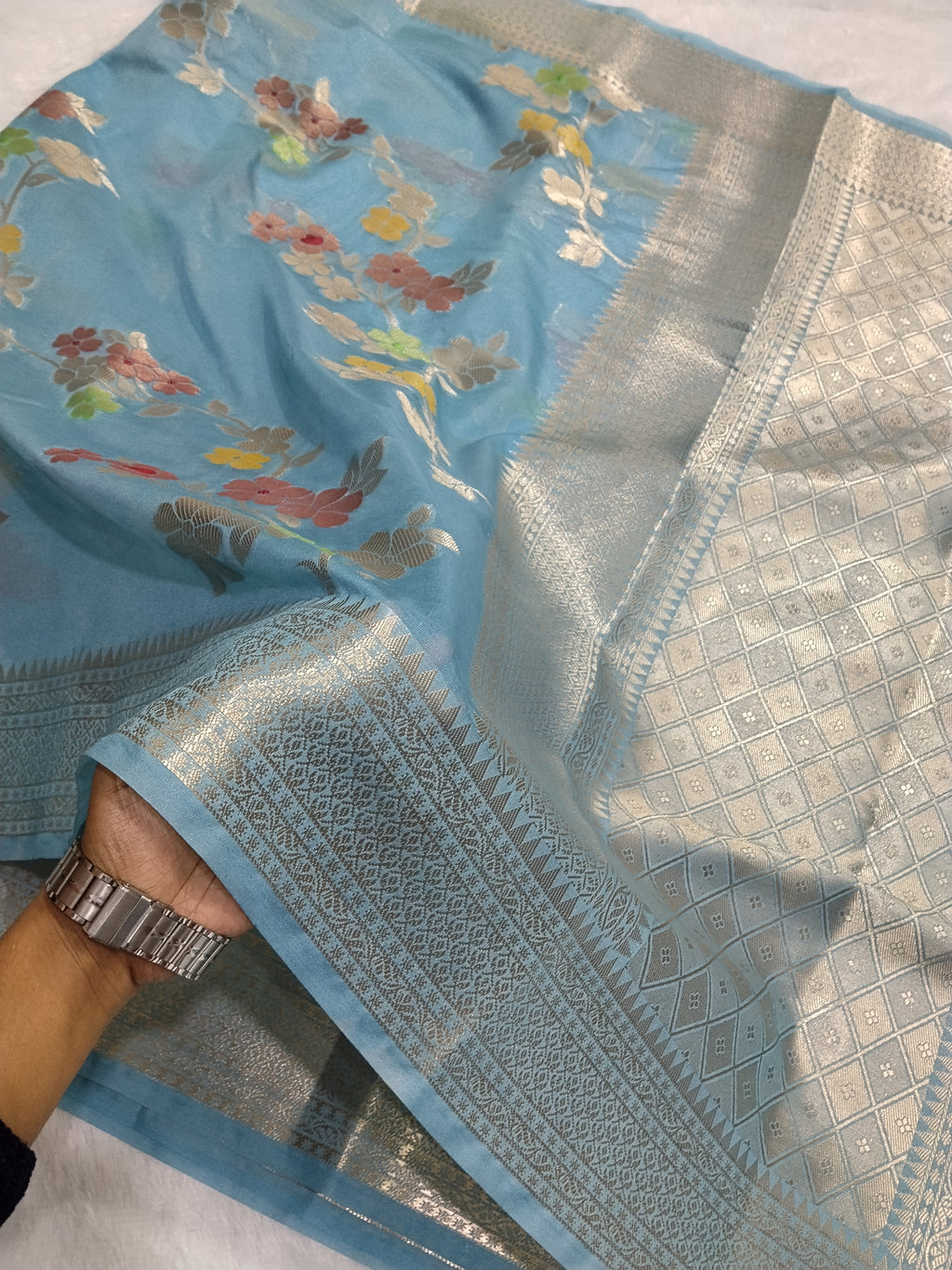 Light Blue Color Viral Banarasi Khaddi Georgette Saree
