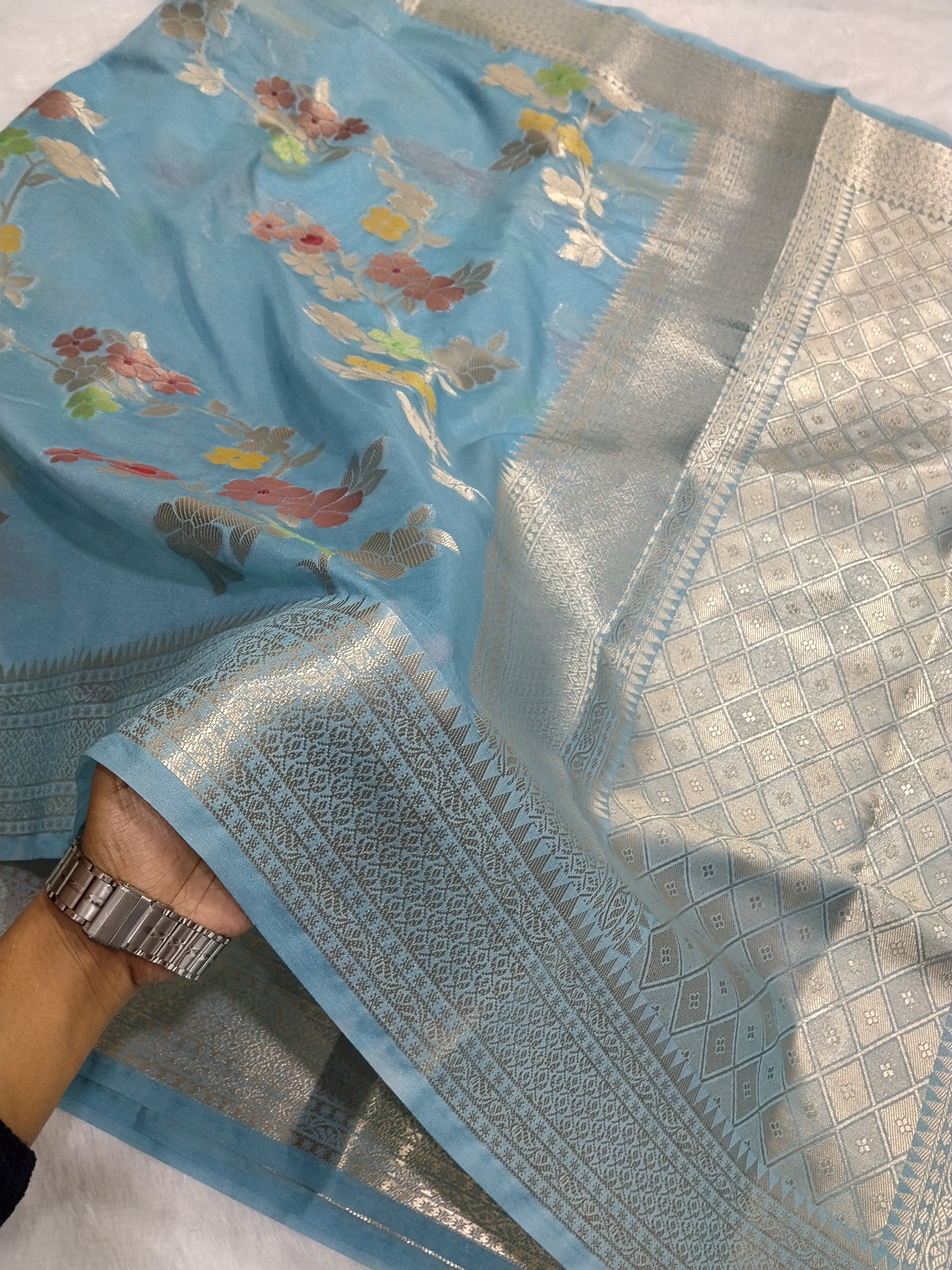 Light Blue Color Viral Banarasi Khaddi Georgette Saree