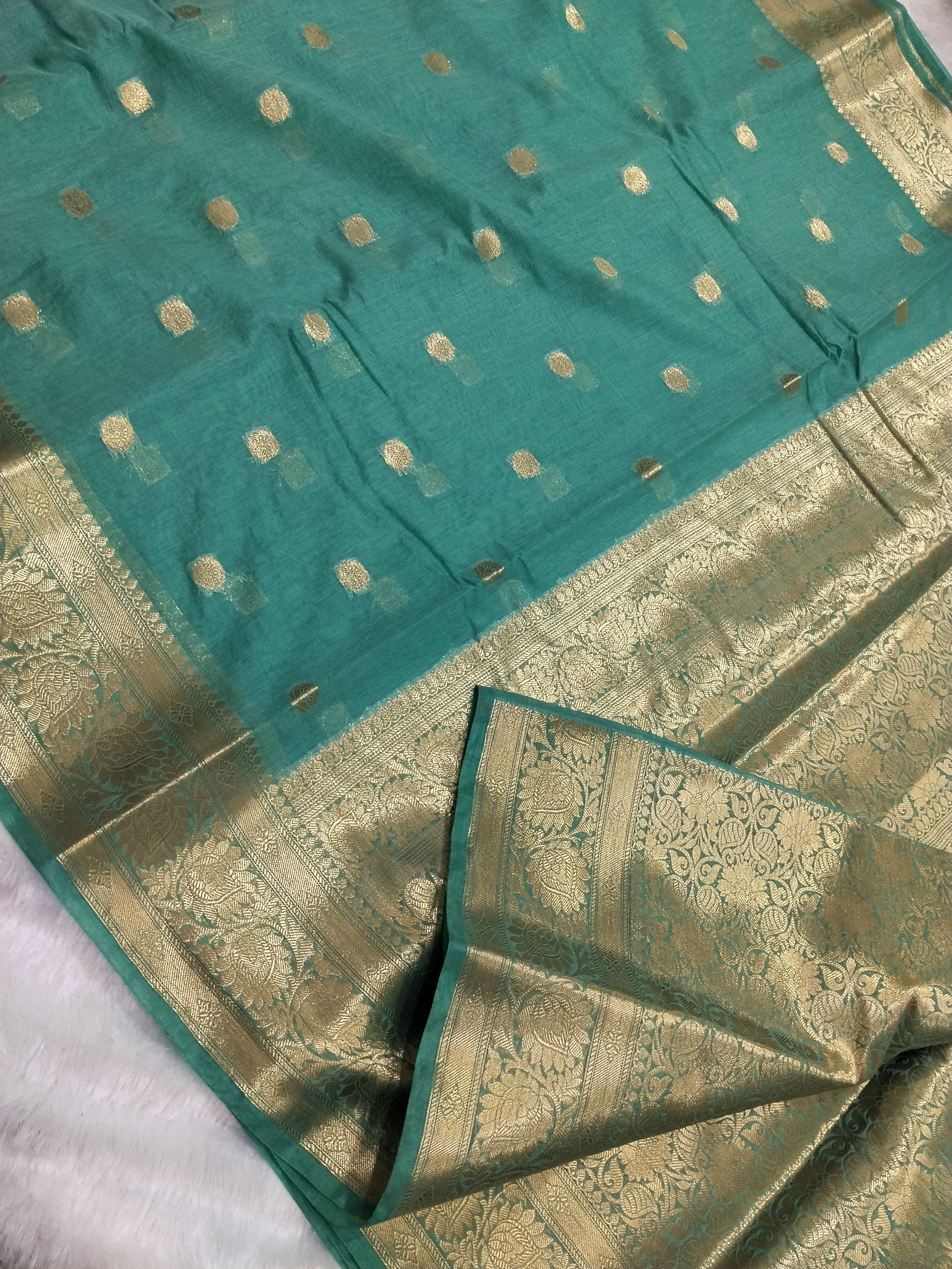 Dark Sea Green Colour Banarasi Fancy Cotton Saree With Brocade Blouse