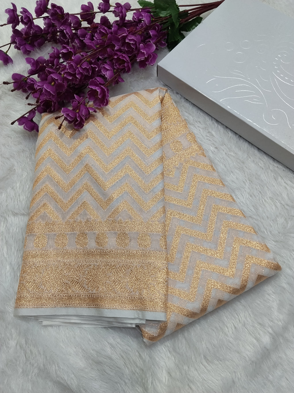 Cream Colour Golden Zari Khaddi Georgette Saree