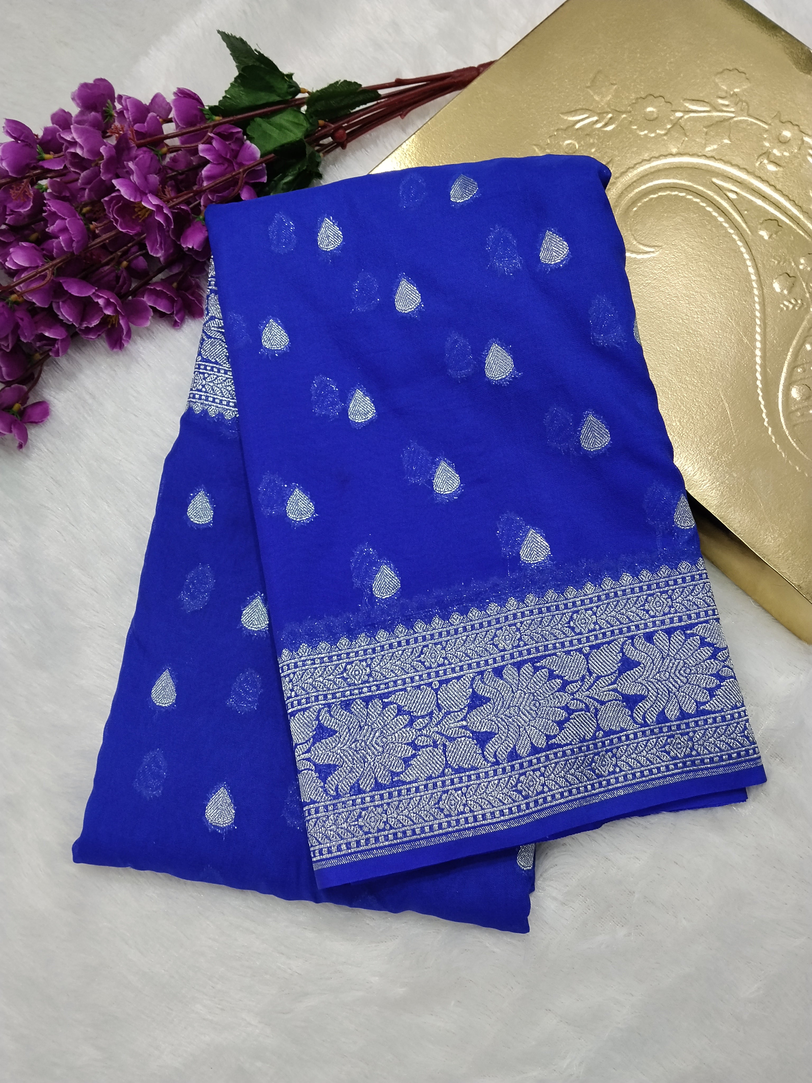 Royal Blue Colour Zari Buti Body Khaddi Georgette Saree
