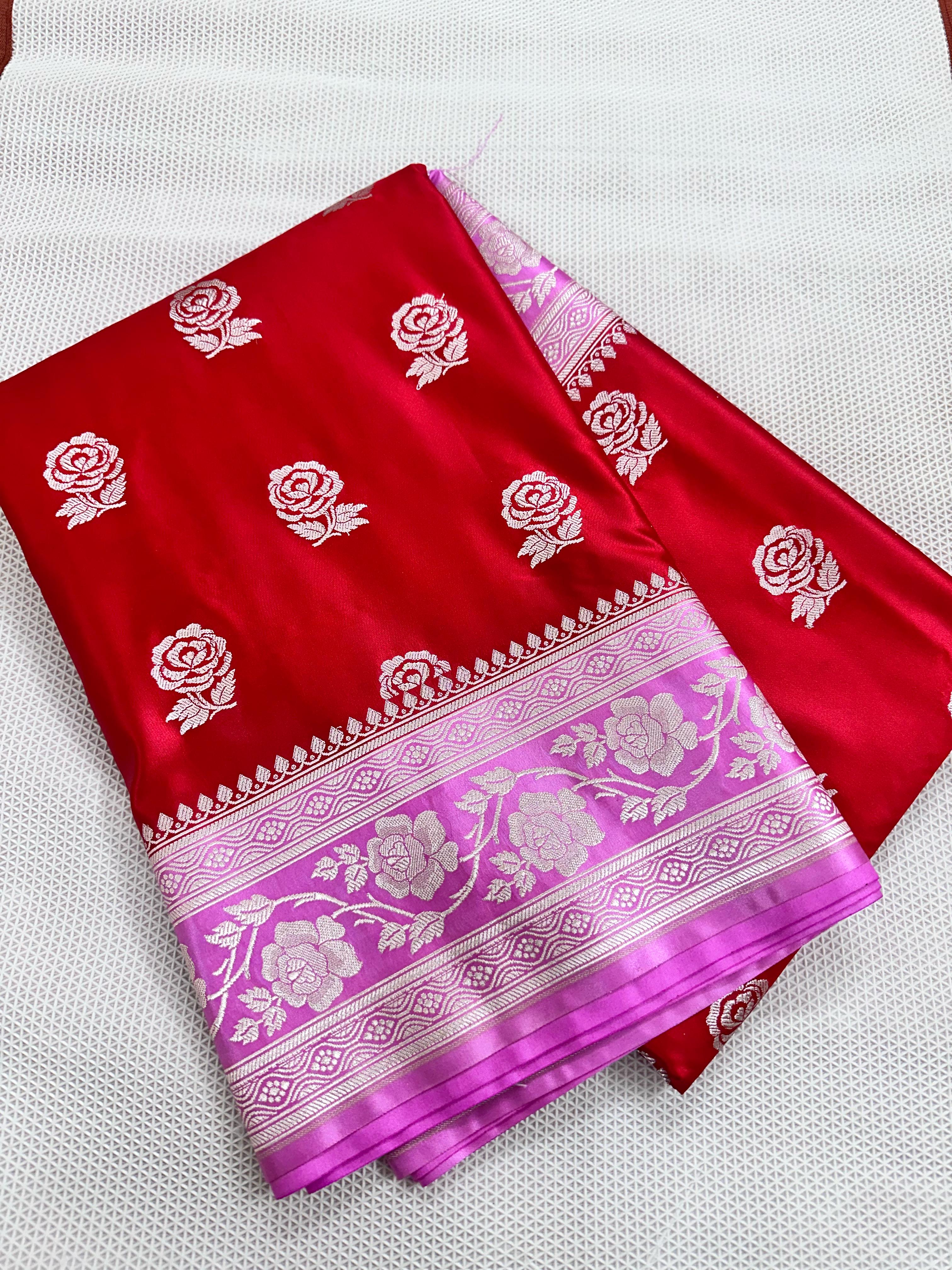 Red And Baby Pink Colour Banarasi Mashru Silk Saree