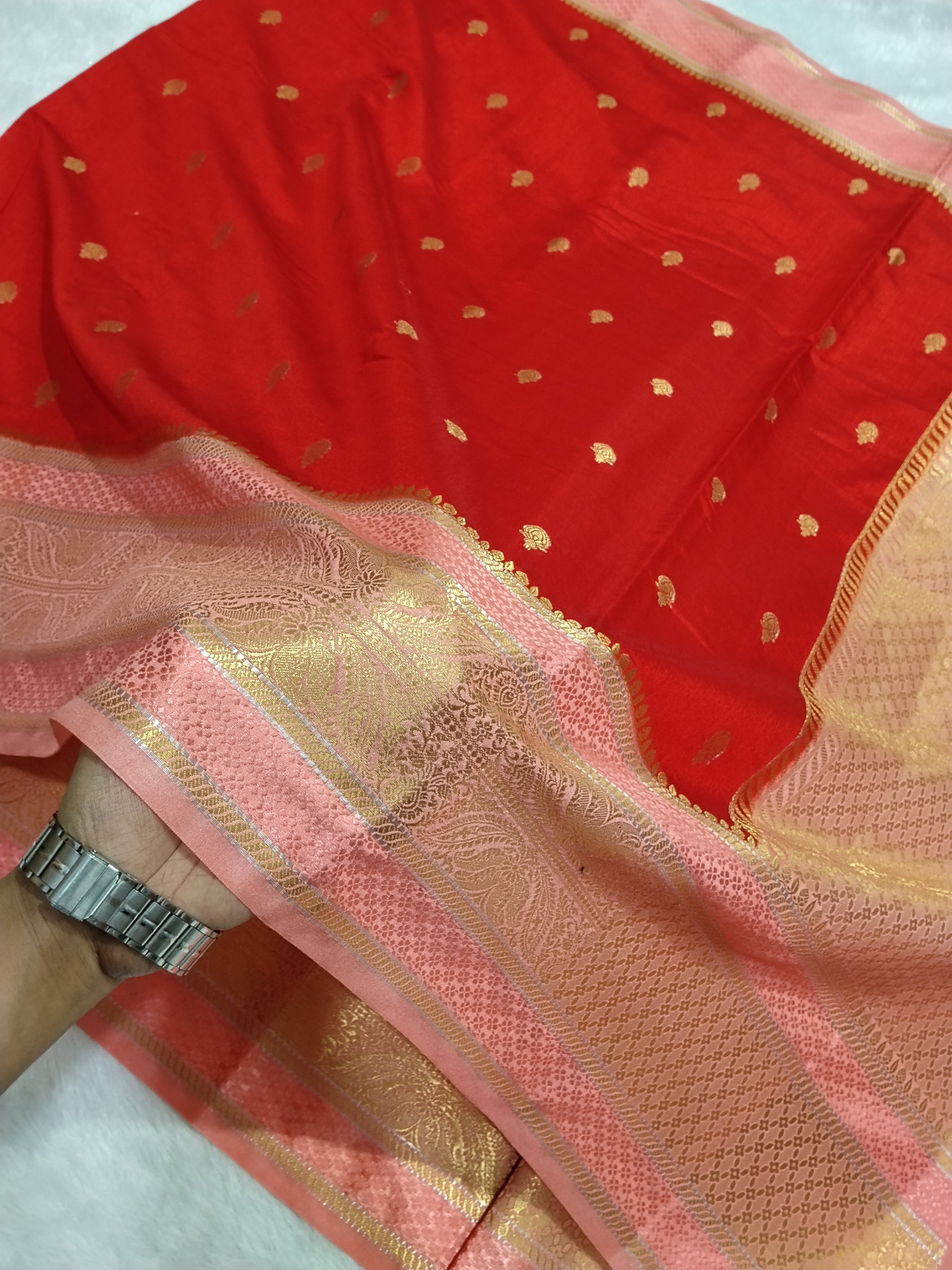 Red And Light Peach Colour Kanjivaram Border Moonga Silk Saree With Buti
