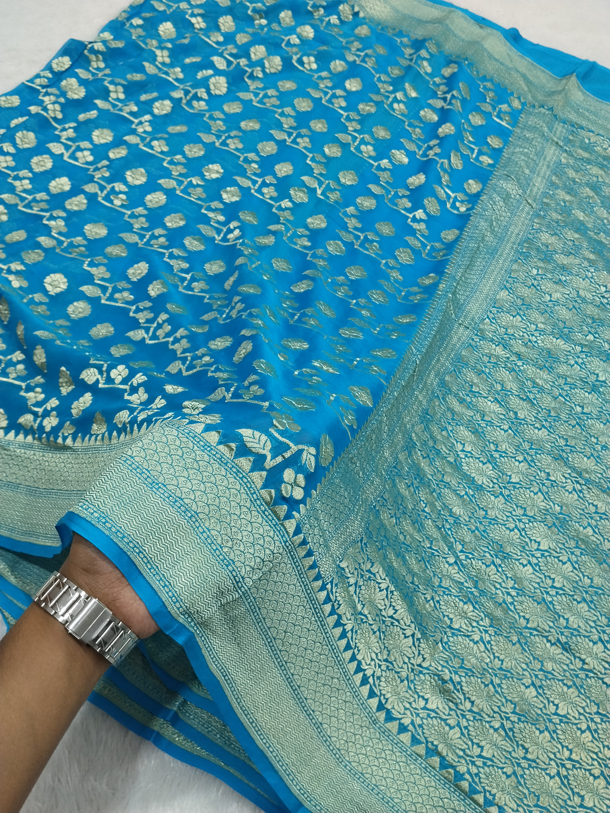 Sky Blue Colour Handloom Pure Banarasi Khaddi Georgette Saree Water Zari