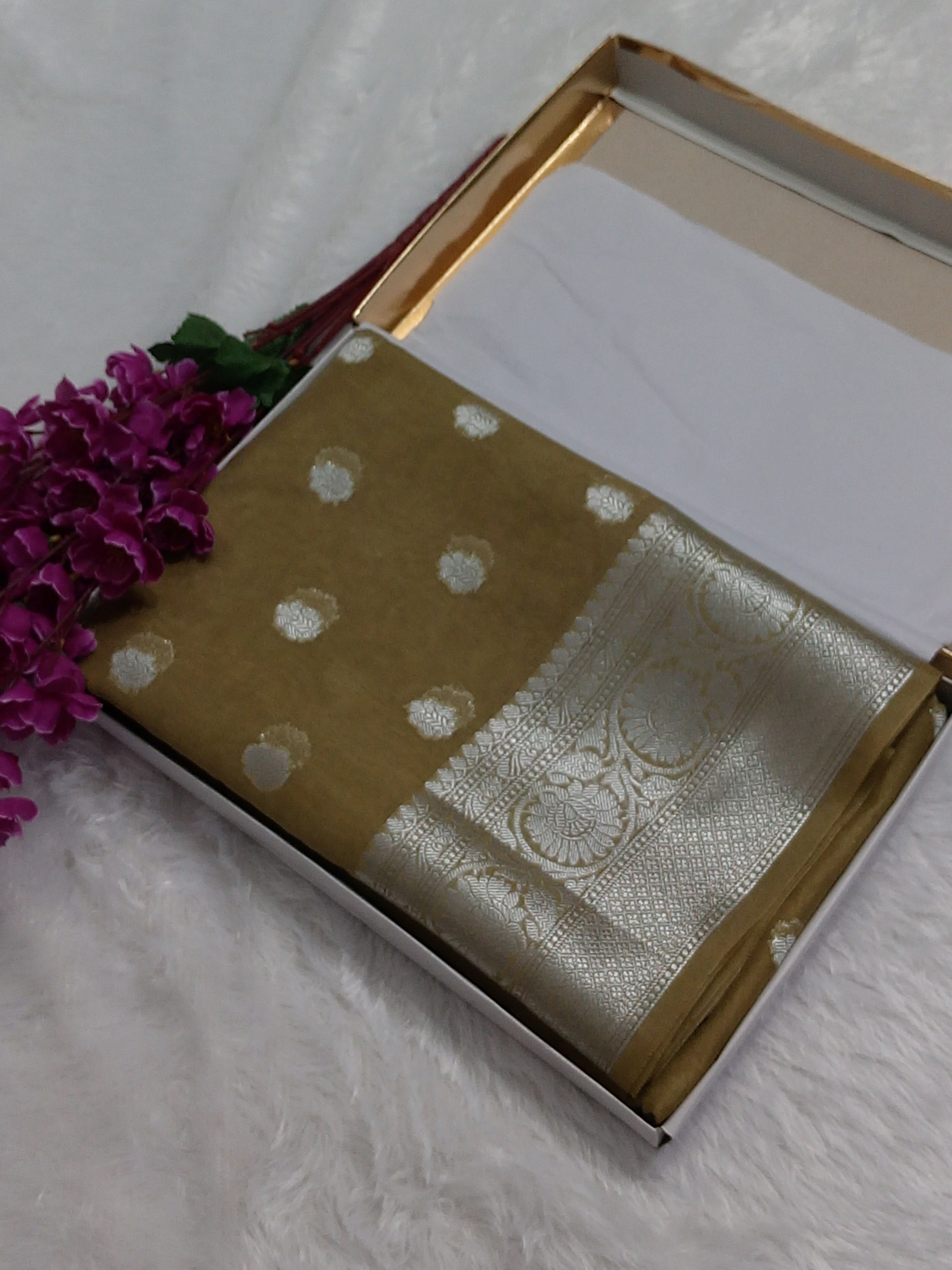 Beige Colour Silver Zari Buti Khaddi Georgette Saree