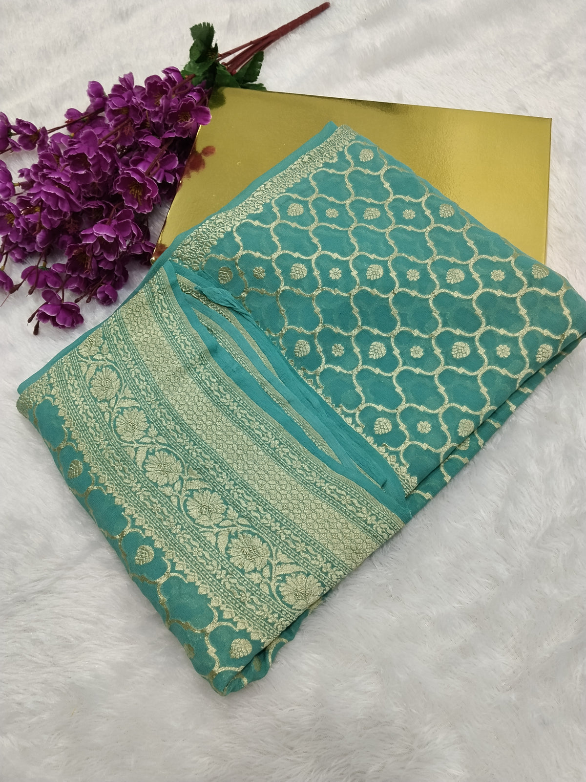 Dark Sea Green Colour Handloom Pure Banarasi Khaddi Georgette Saree Water Zari
