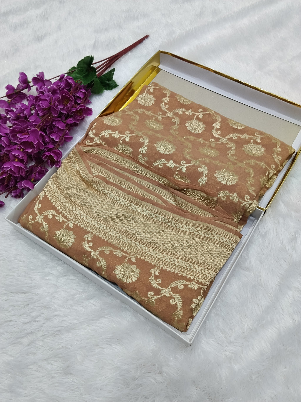 Dark Peach Colour Handloom Pure Banarasi Khaddi Georgette Saree Water Zari