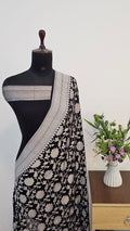 Black Colour Handloom Pure Banarasi Khaddi Georgette Saree Water Zari