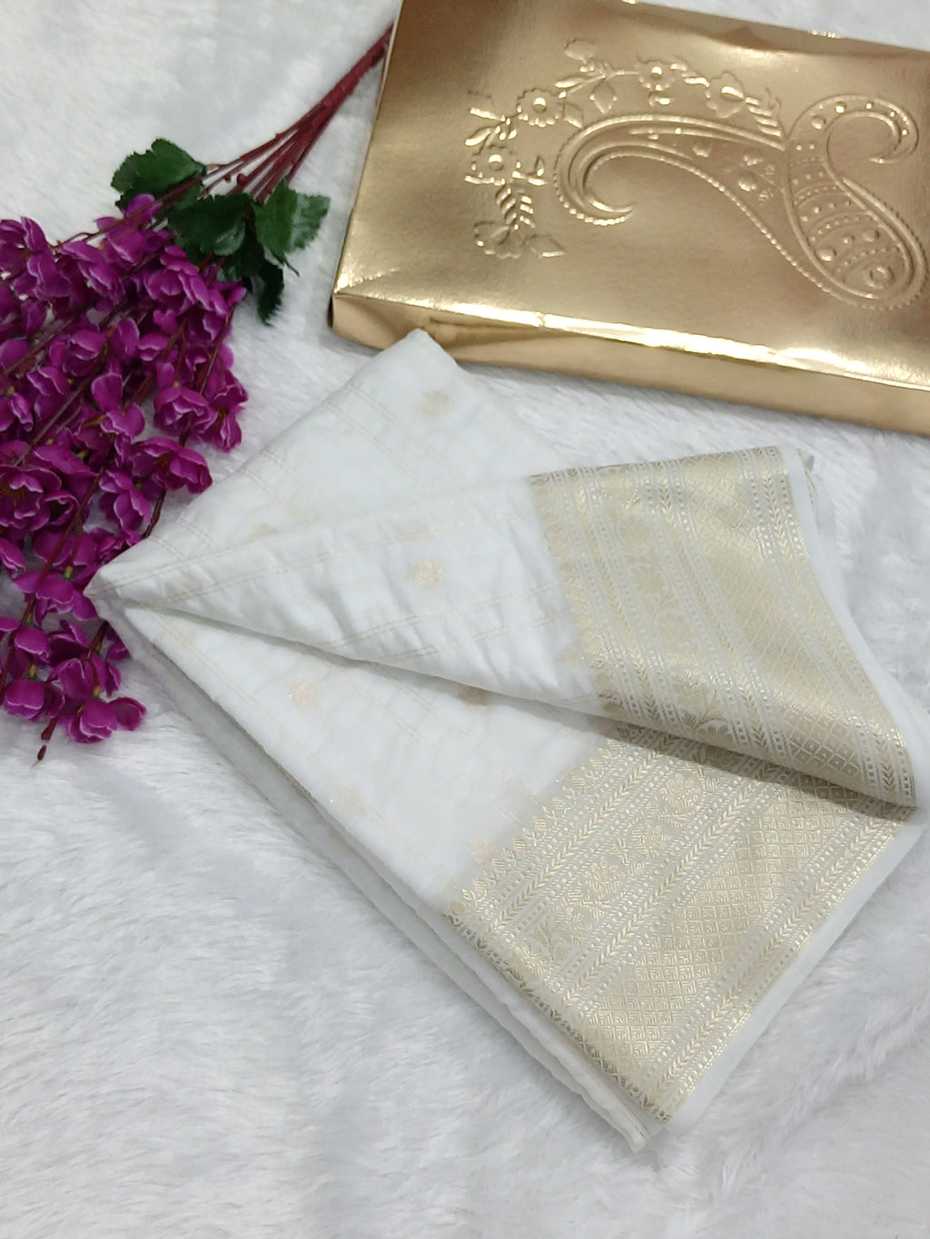 Golden Zari White Moonga Silk Saree