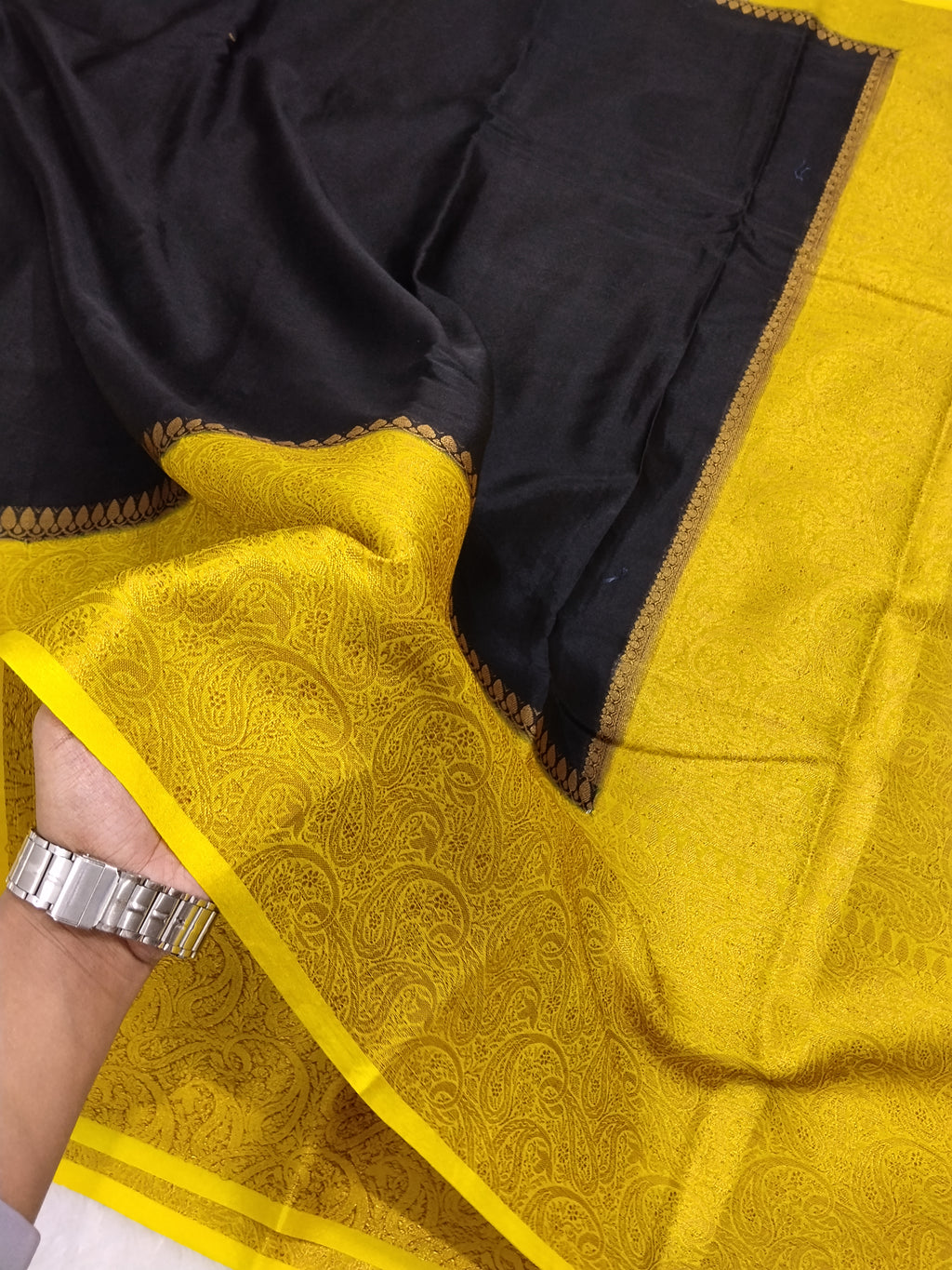 Black And Yellow Colour Plain Body Warm Silk Saree