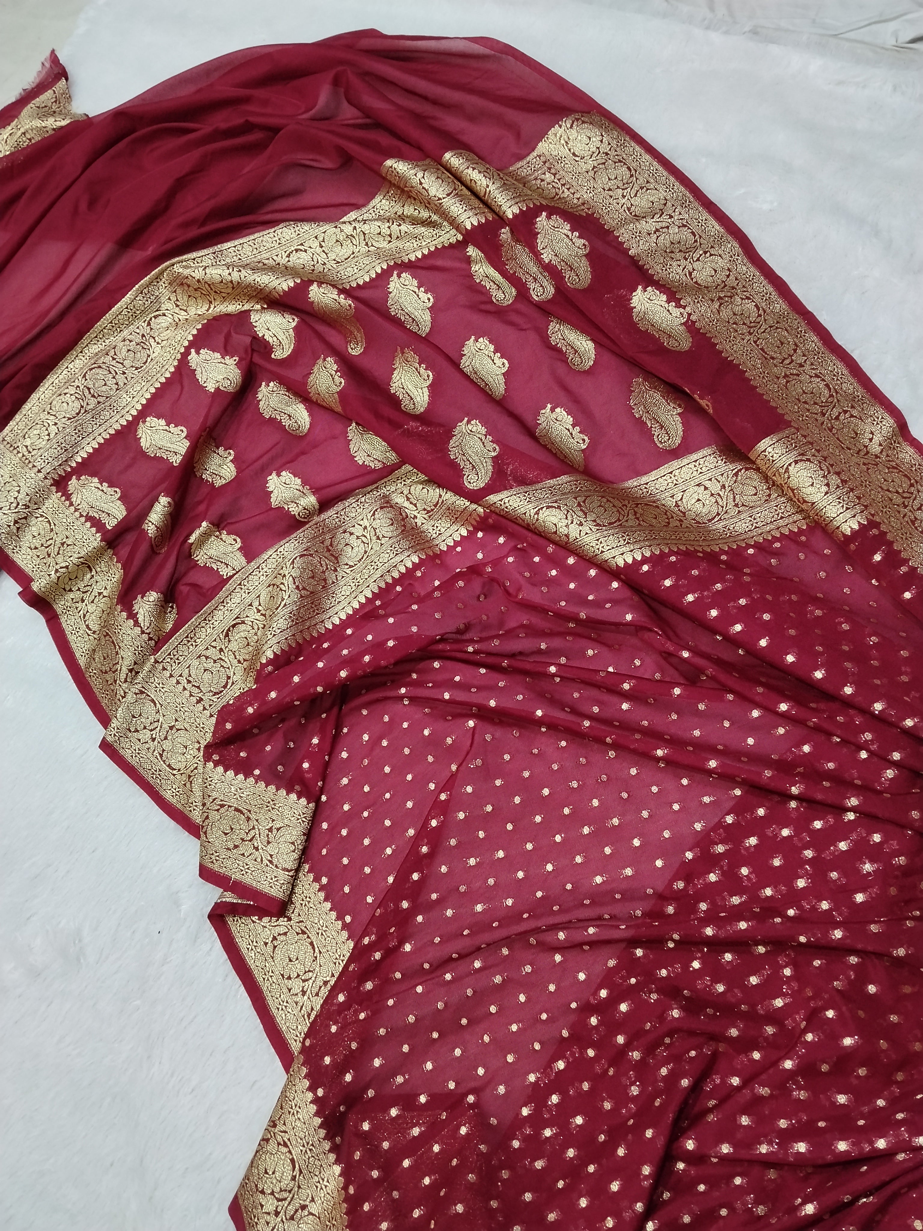 Maroon Gold Zari Khaddi Georgette Saree