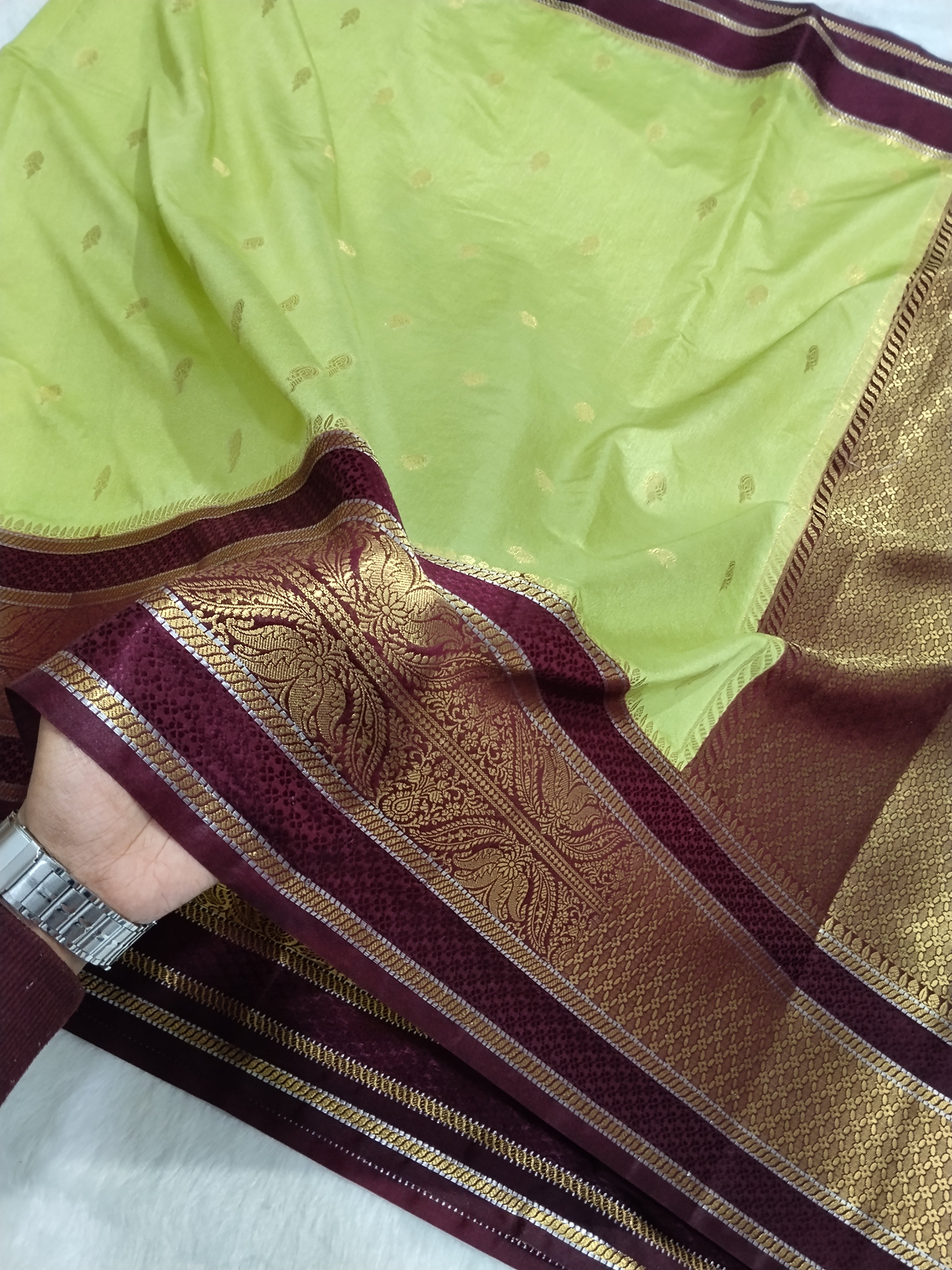 Pista Green And Maroon Colour Banarasi Warm Silk Saree With Buti